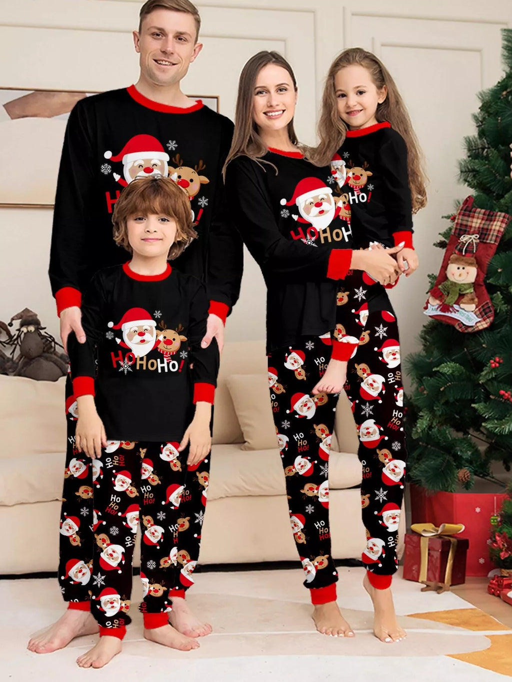 Full Size Matching Family Christmas Pajamas Set with Santa and Reindeer Print Plus Size