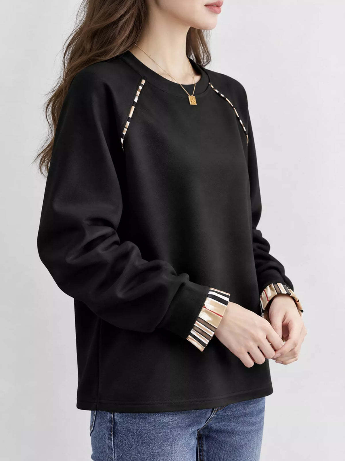 Plaid-Trimmed Crew Neck Sweatshirt