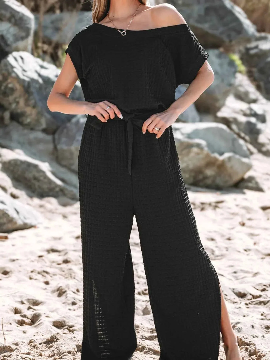 One-Shoulder Short Sleeve Knotted Waist Jumpsuit