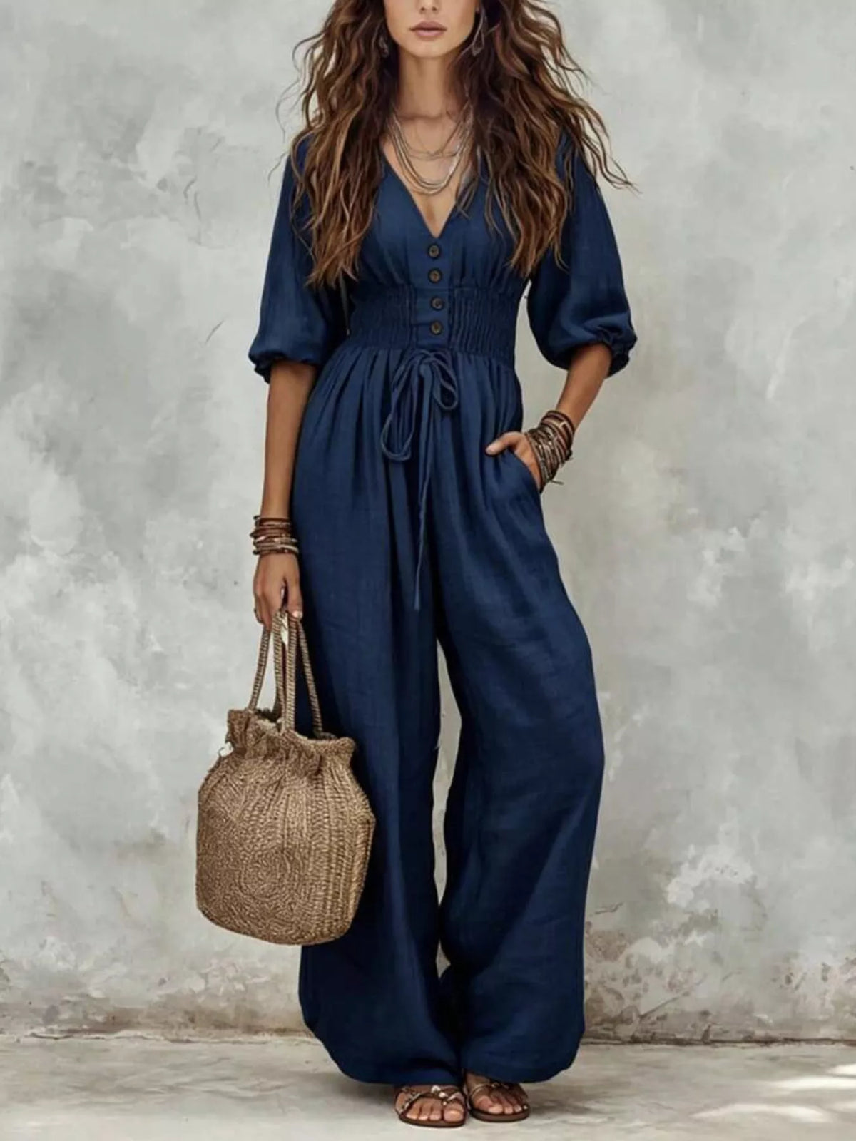 V-Neck Smocked Waist Wide-Leg Jumpsuit
