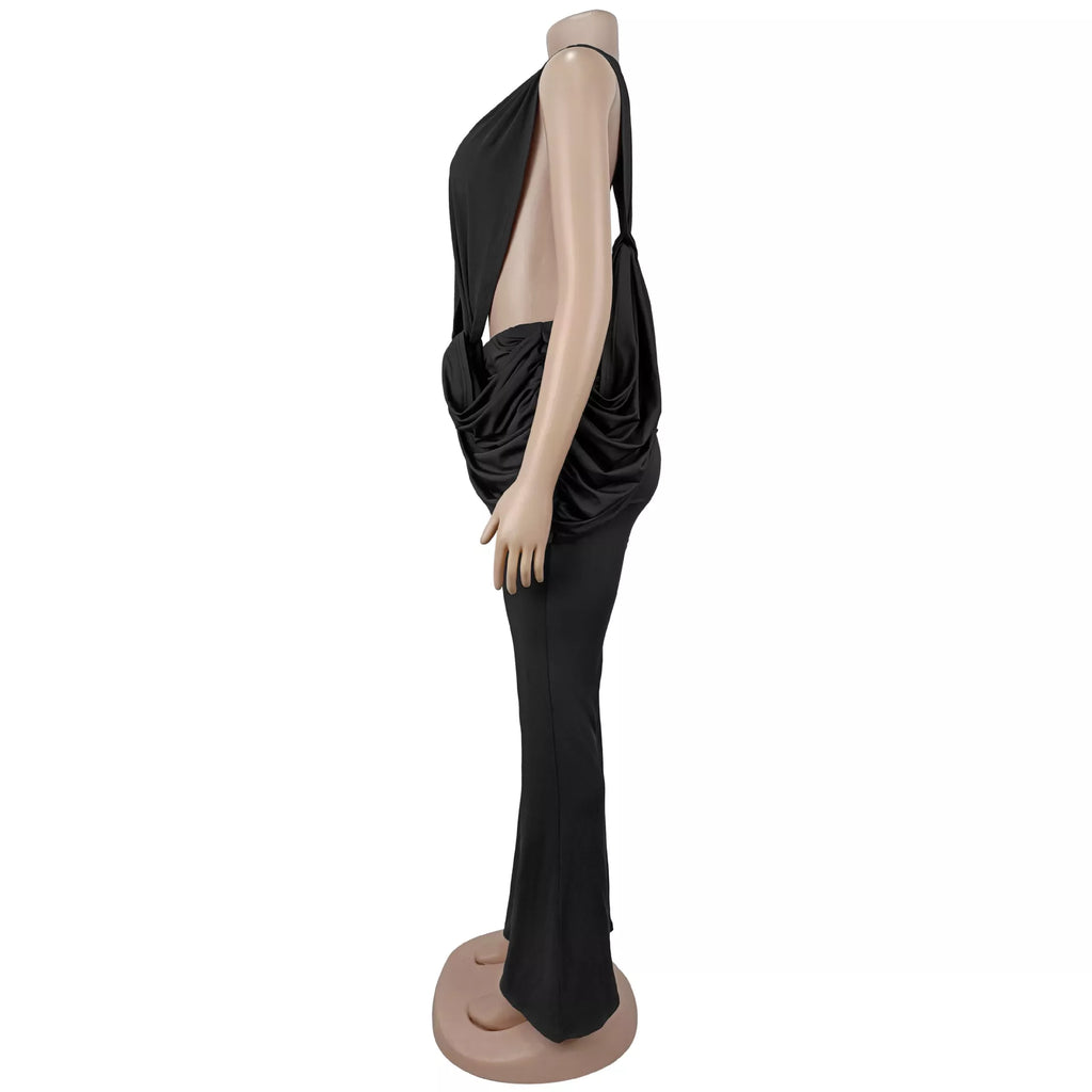 Deep V-Neck Knot-Front Flare Leg Jumpsuit