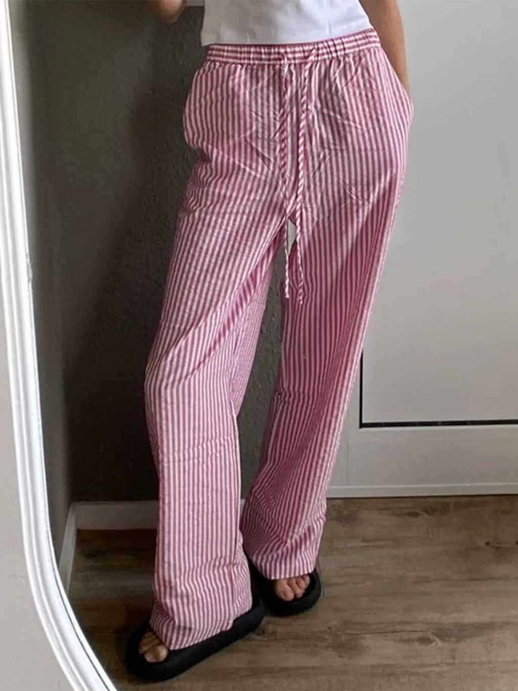 Striped High-Waisted Drawstring Casual Pants