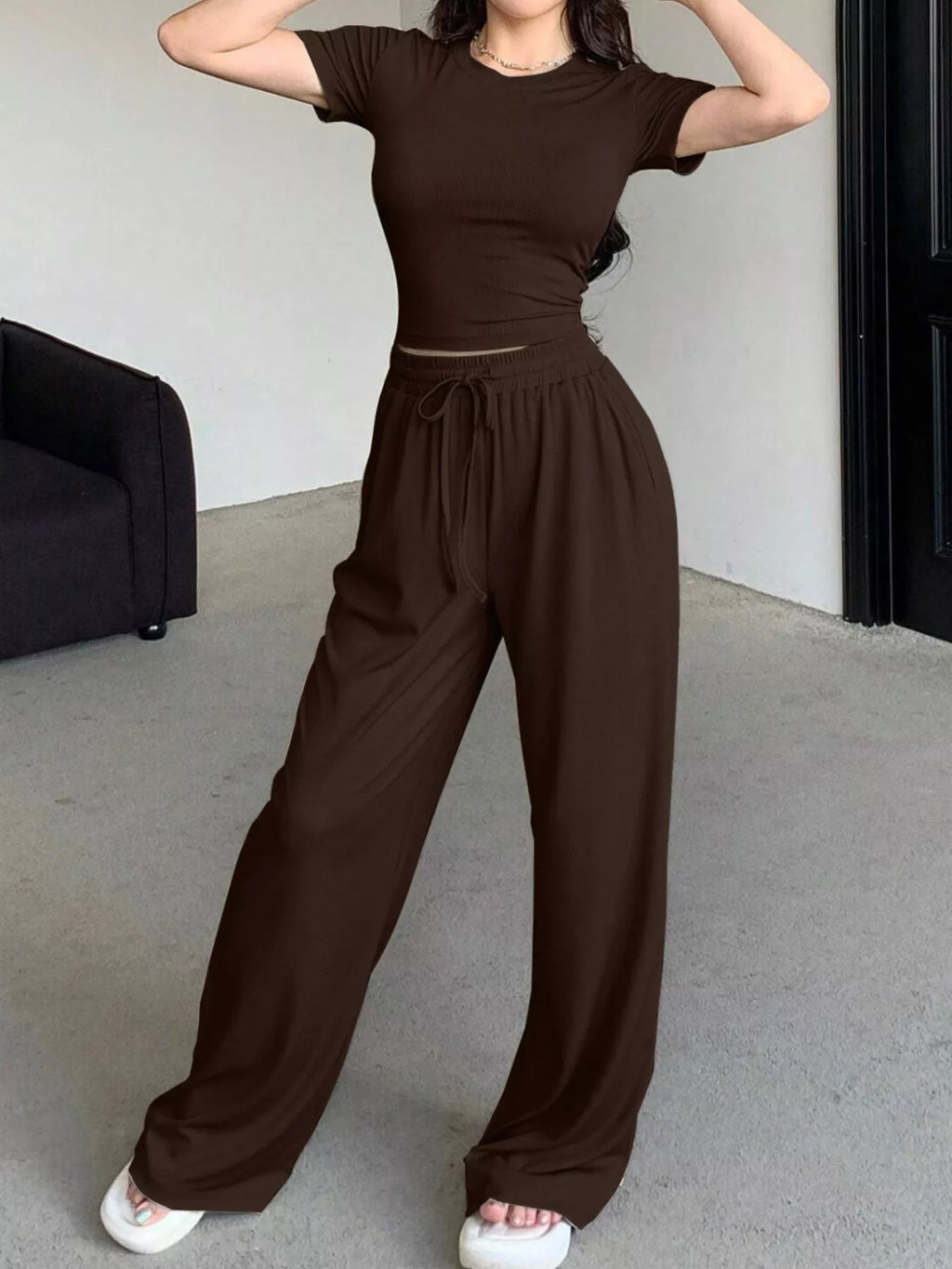 Solid Color Short Sleeve Crop Top and Wide Leg Pants Set