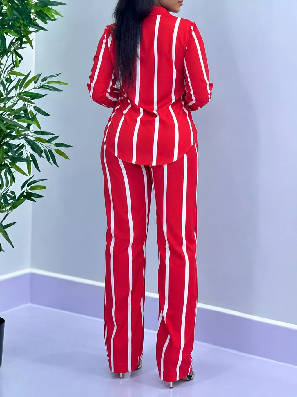 Striped Button-Down Shirt and Wide-Leg Pants Two-Piece Set