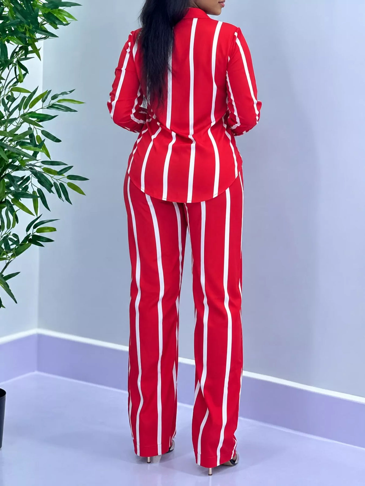 Striped Button-Down Shirt and Wide-Leg Pants Two-Piece Set