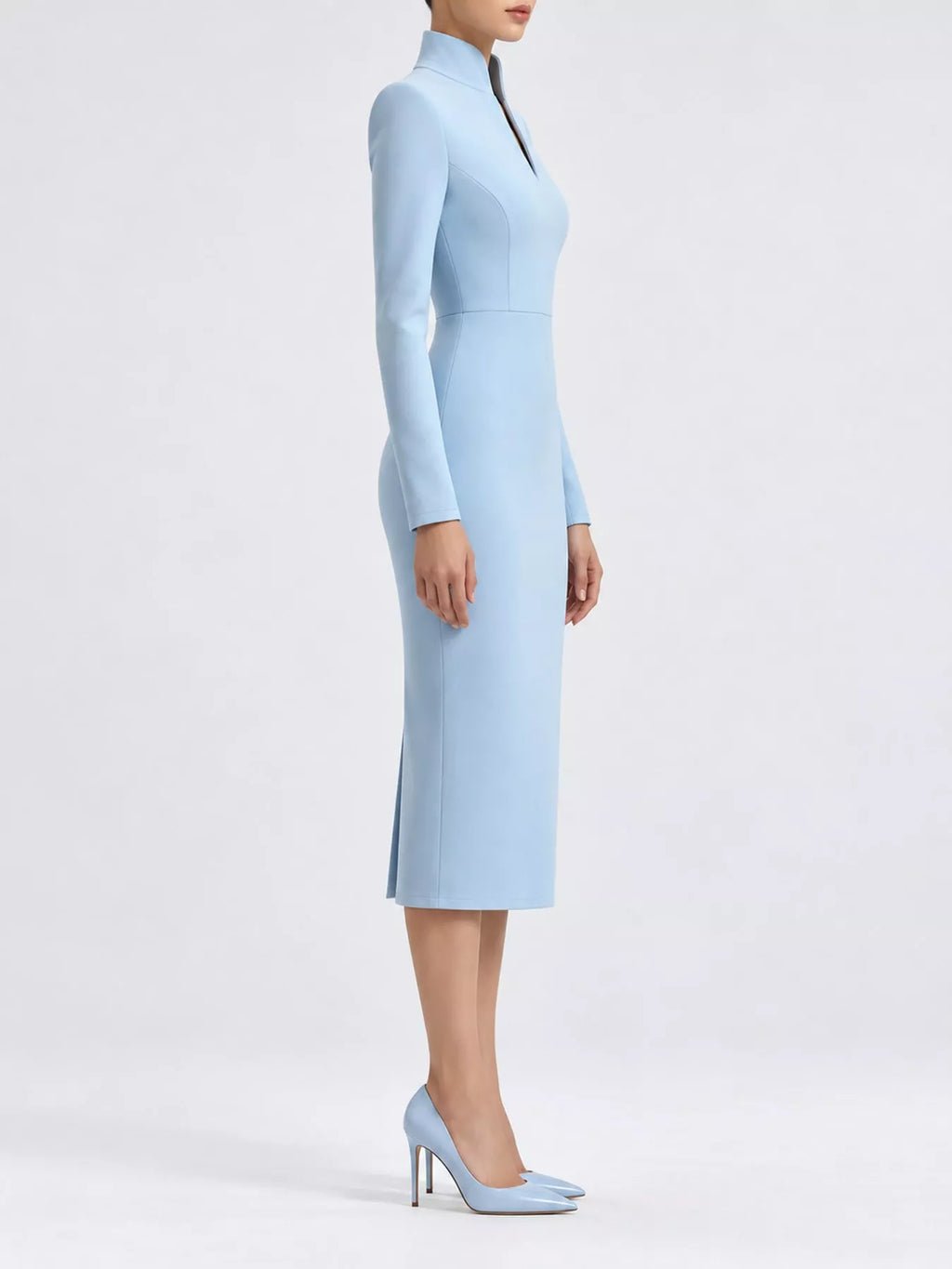 Full Size Stand-Collar Long-Sleeve Midi Dress Plus Size