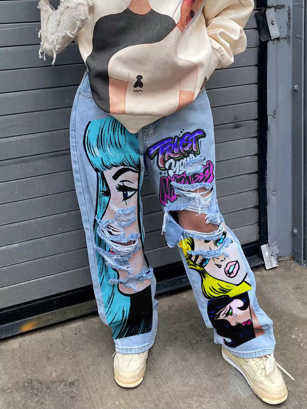 Full Size Pop Art Graphic Distressed Wide-Leg Jeans Plus Size