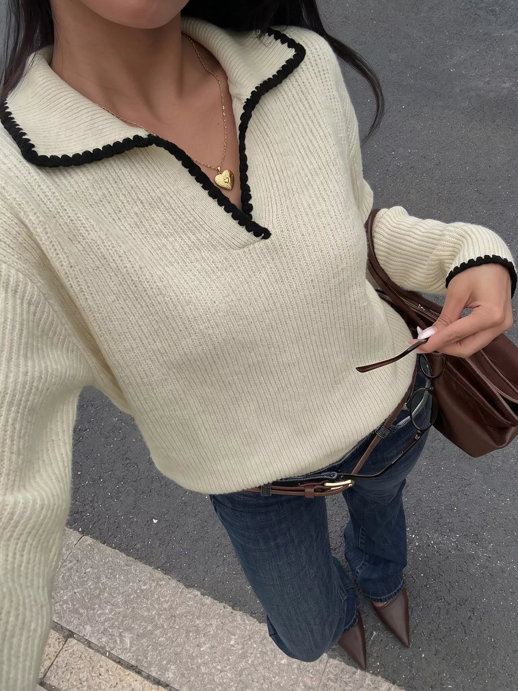 Contrast Trim Dropped Shoulder Sweater