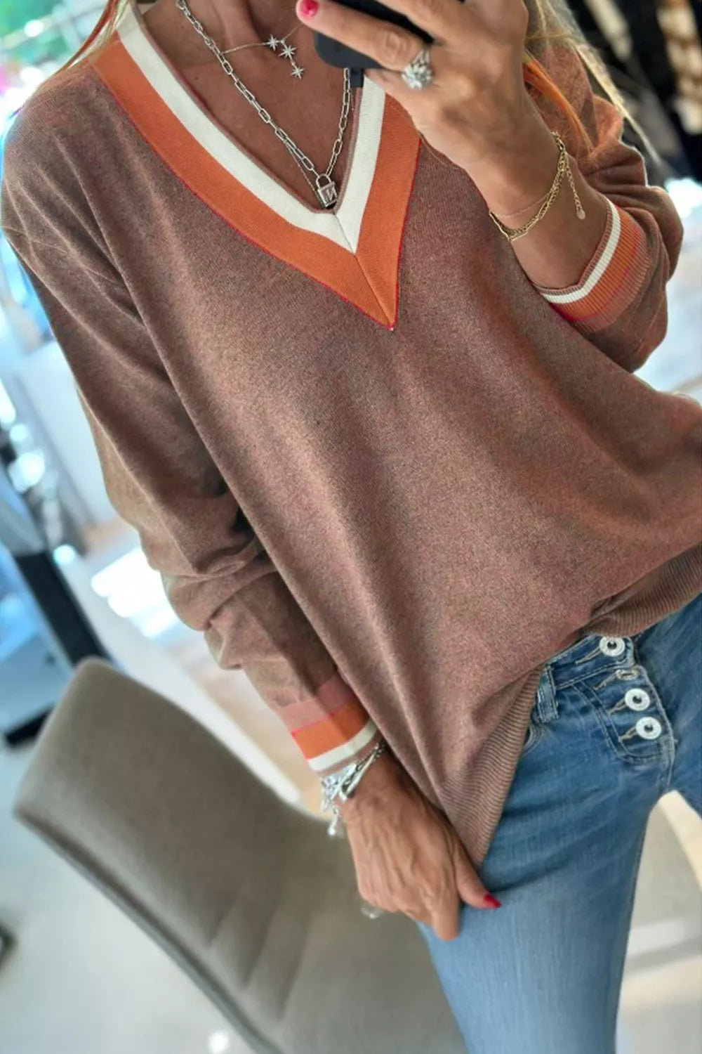 Contrast Trim V-Neck Sweater