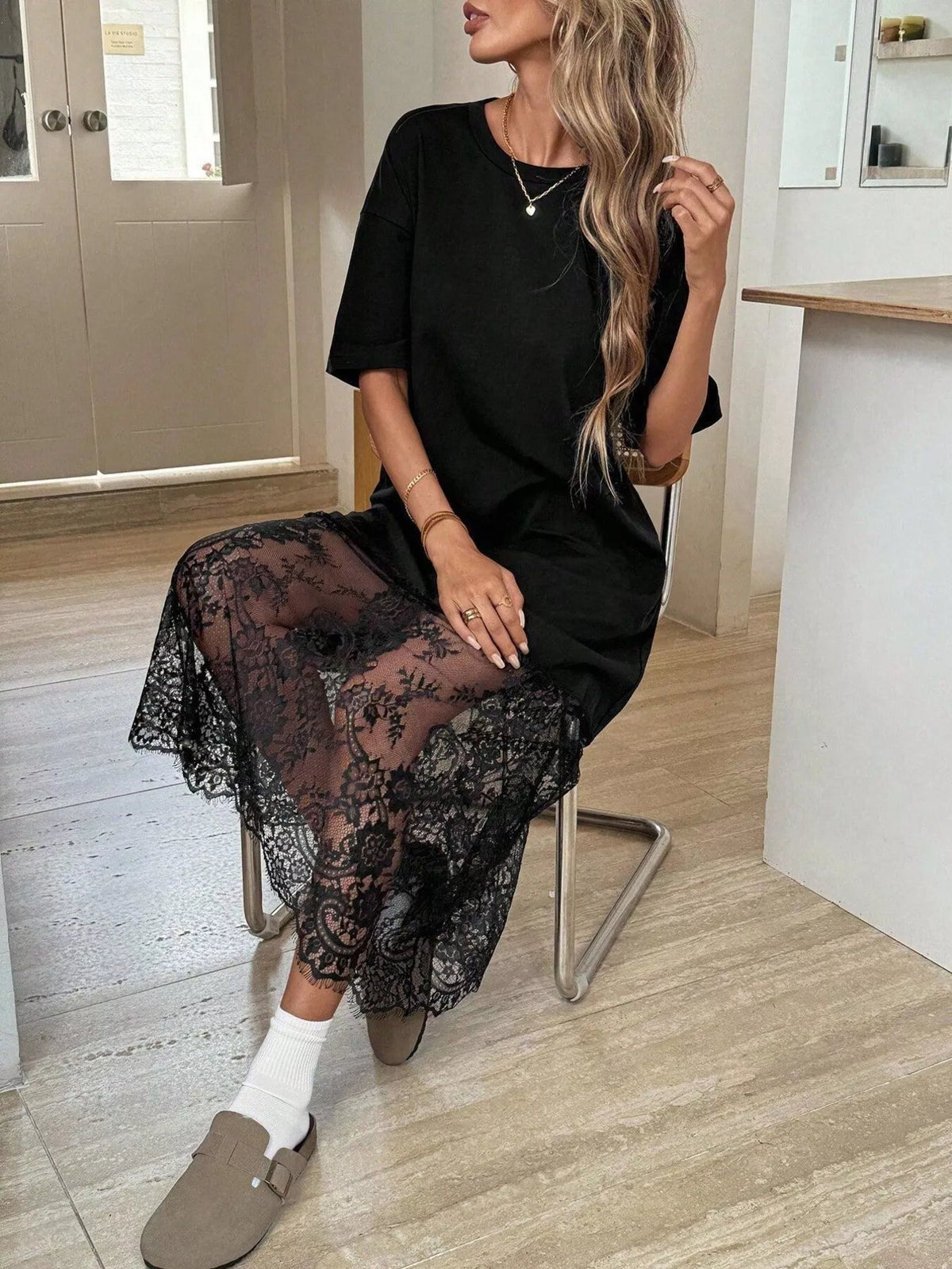 Floral Lace Hem Short Sleeve Tee Dress