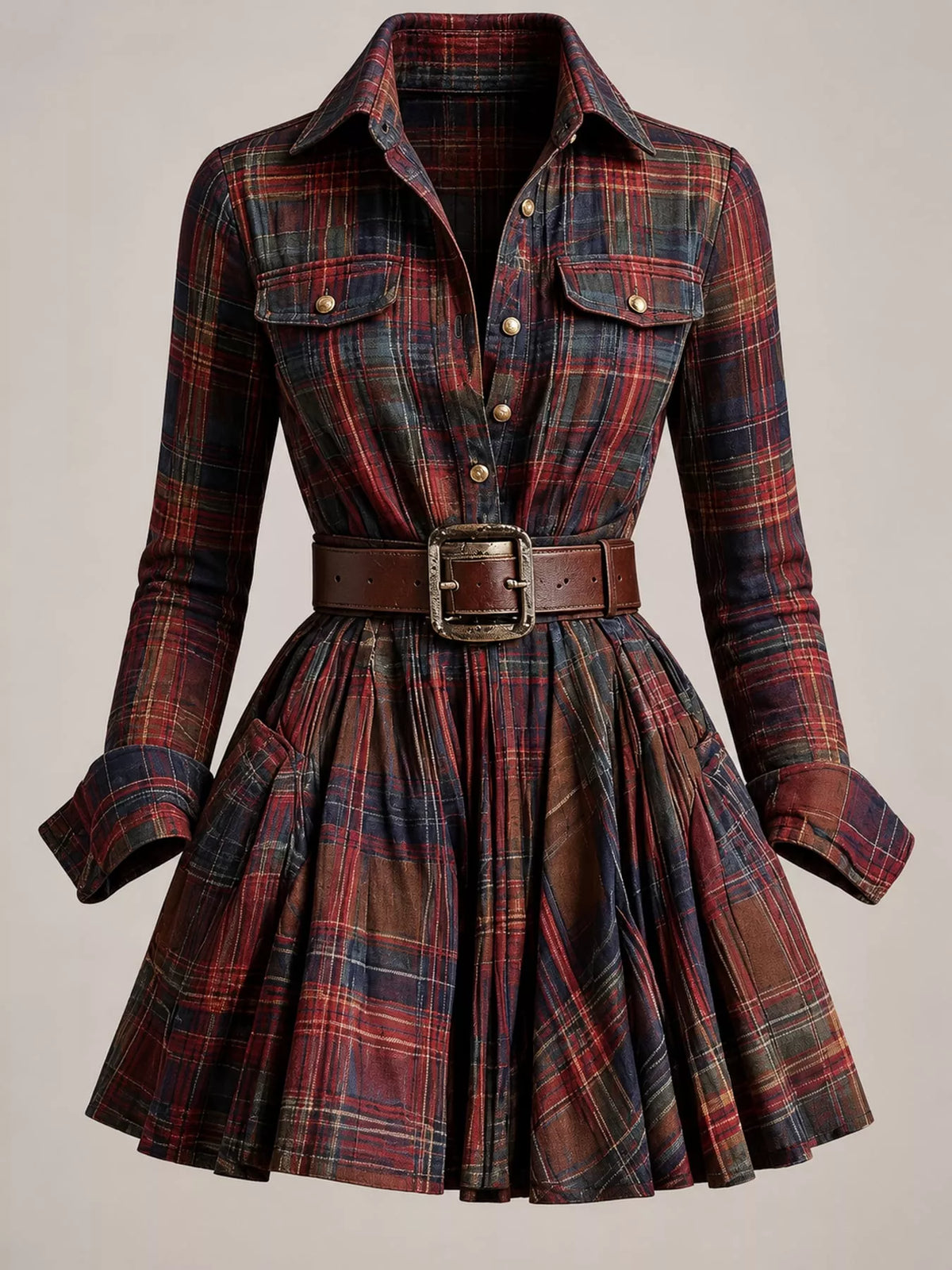 Plaid Long-Sleeve Shirt Dress