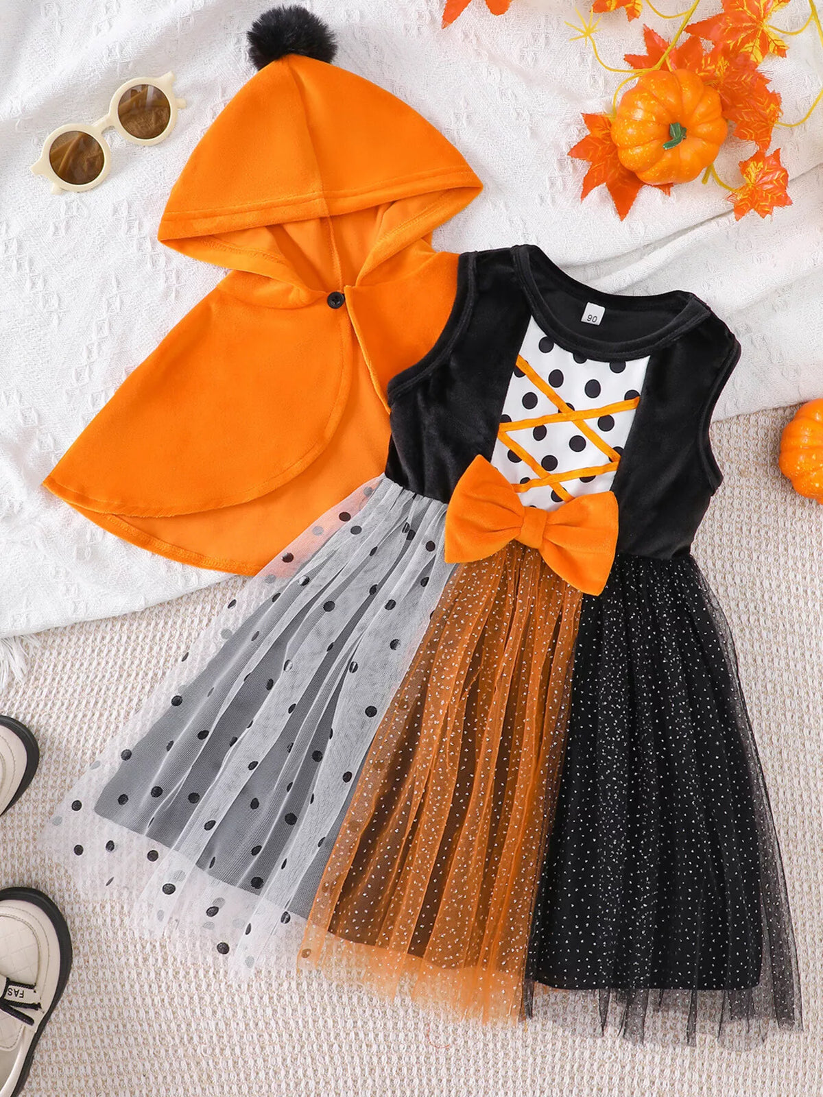 Children's Halloween Pumpkin Hooded Cape and Polka Dot Tulle Dress Set