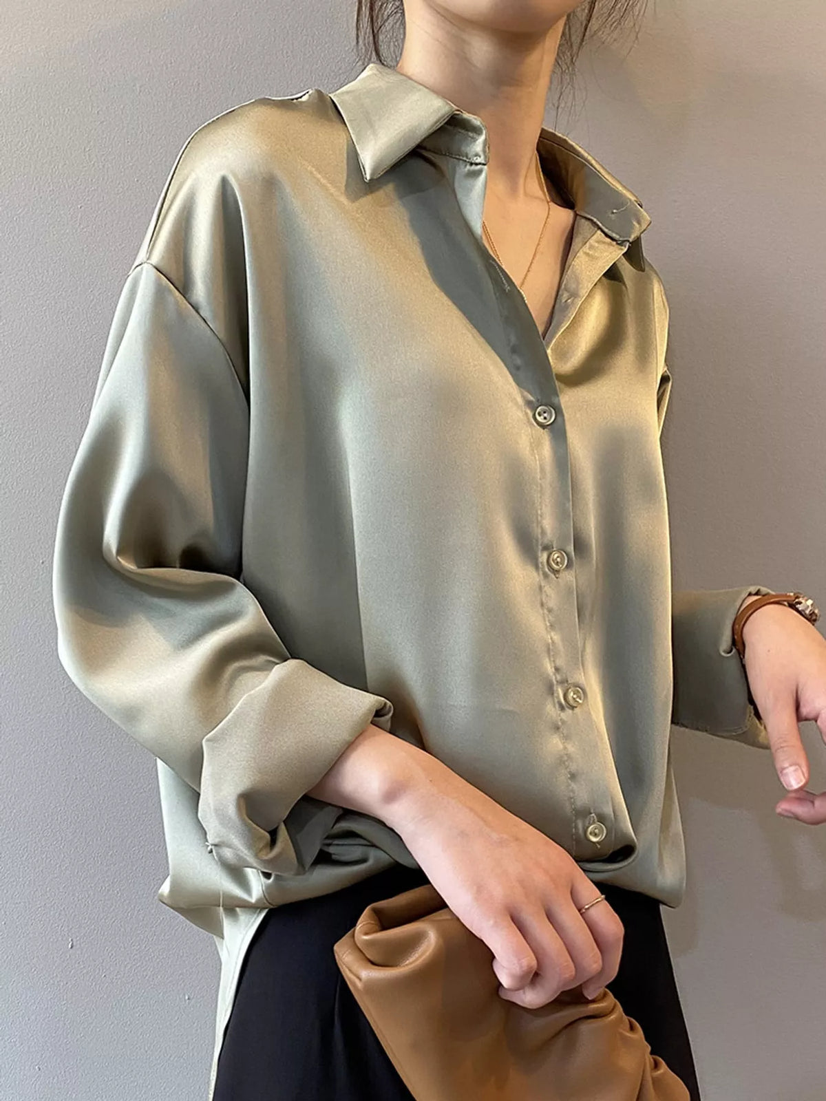 Satin Button-Down Long Sleeve Shirt