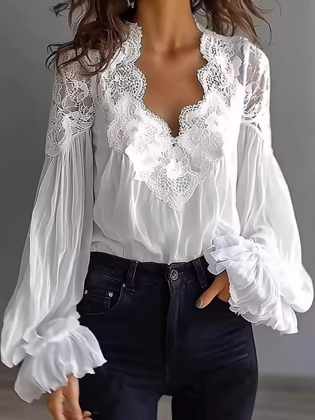 Full Size Lace V-Neck Flounce Sleeve Blouse Plus Size