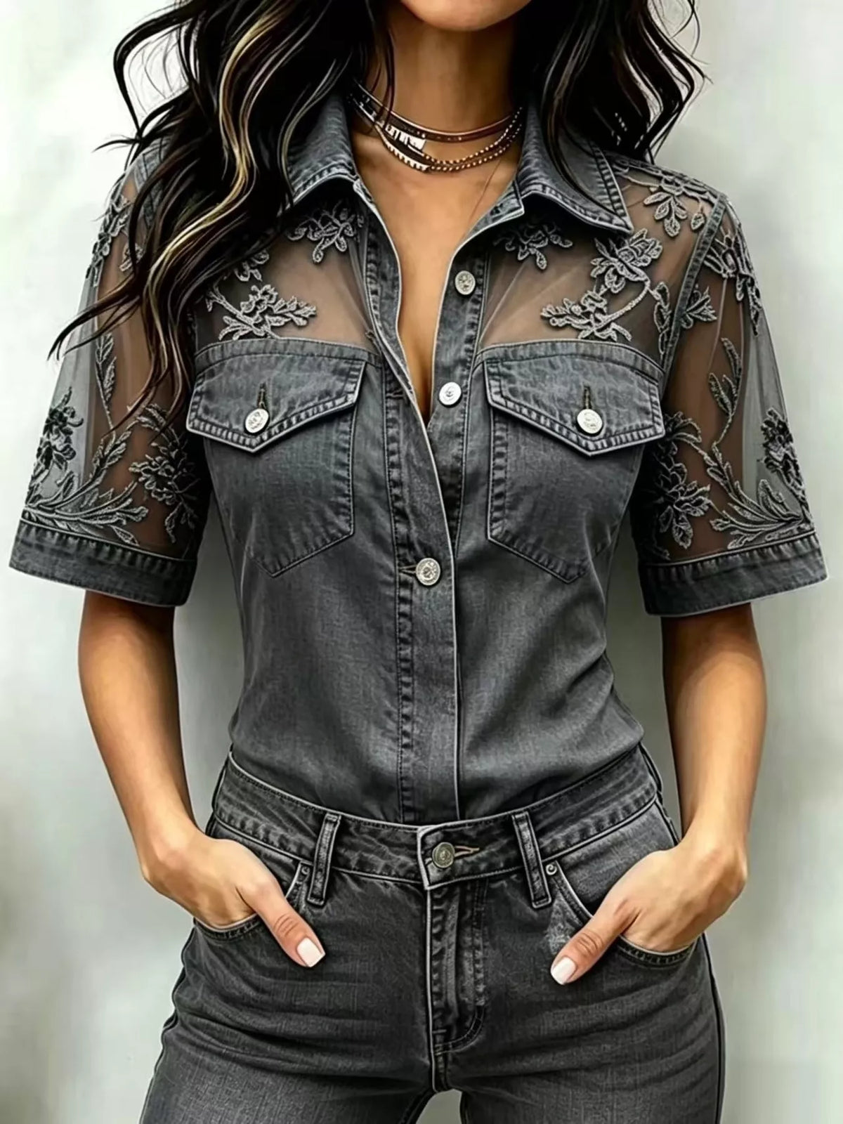 Full Size Denim Look Lace Short Sleeve Shirt Plus Size