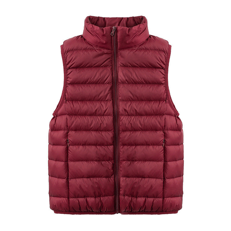 Womens Thin-style Down Vest, Cross-border, Two-way Zipper, 90 White Duck Down, Short Length