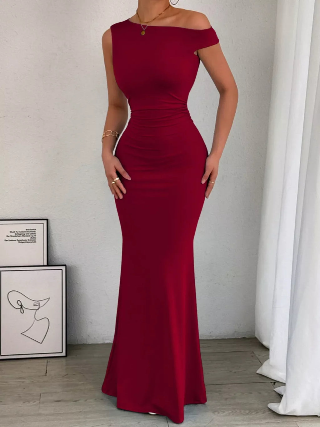 One-Shoulder Ruched Bodycon Maxi Dress