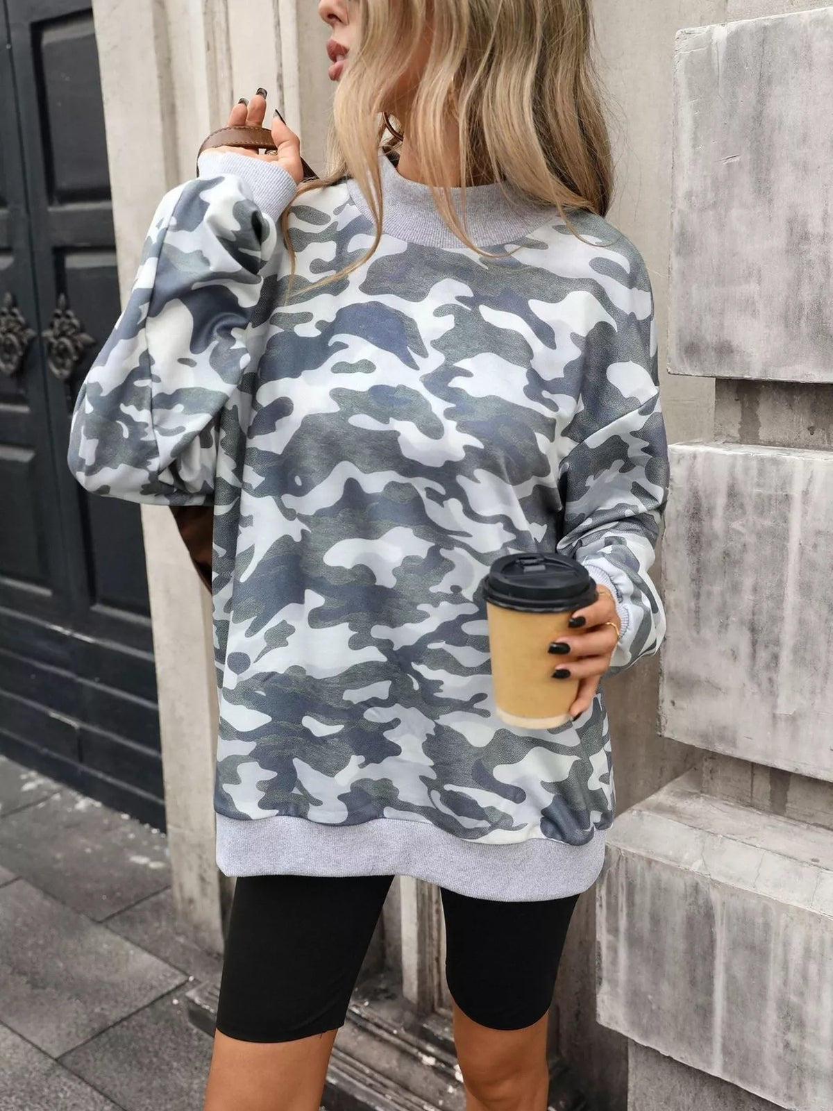 Camouflage Print Mock Neck Sweatshirt