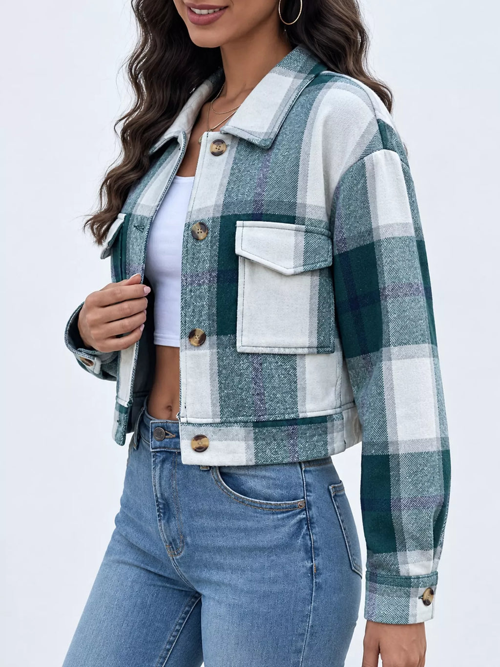 Plaid Button-Front Cropped Jacket