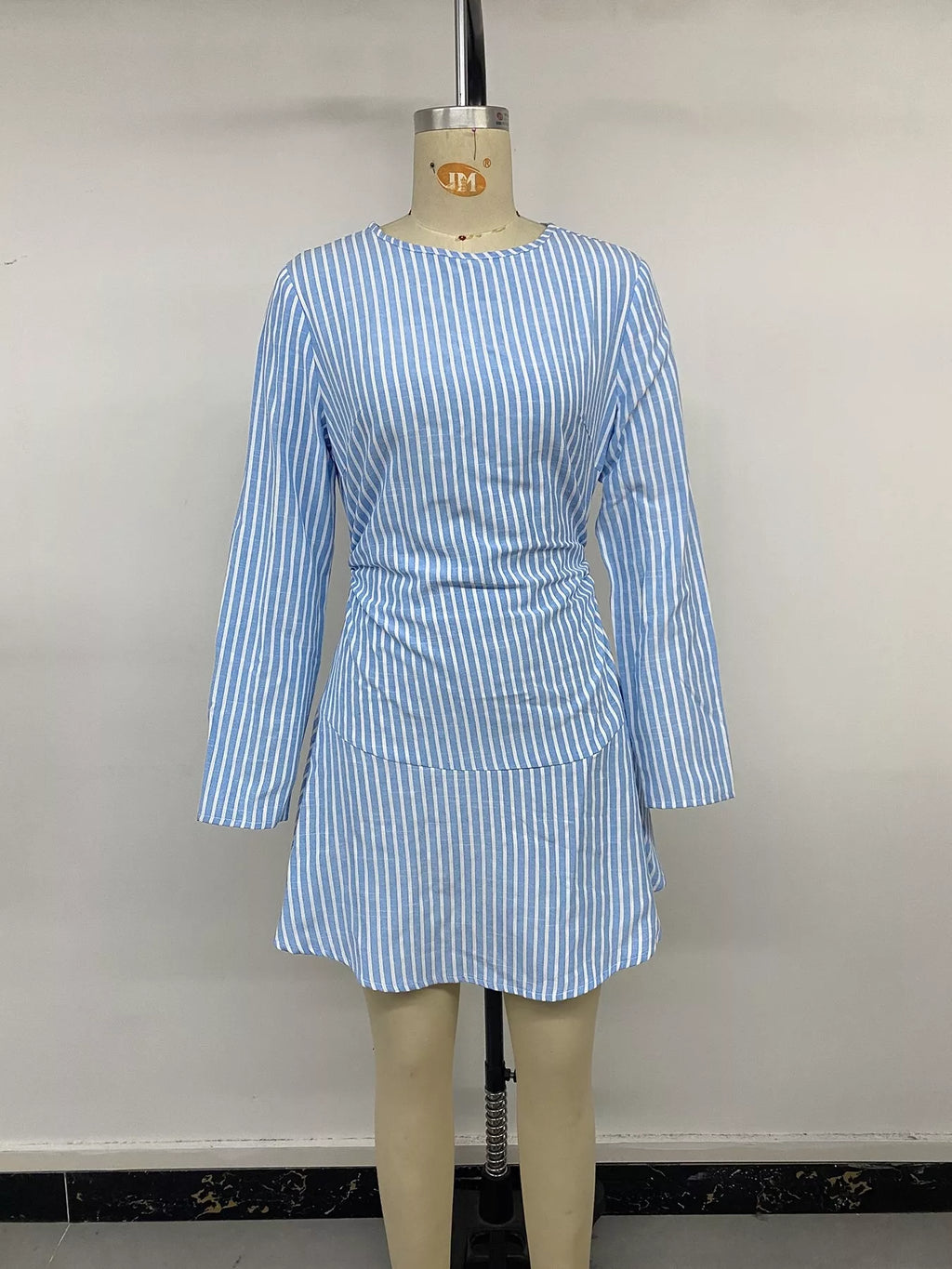 Striped Long-Sleeve Ruched Mini Dress