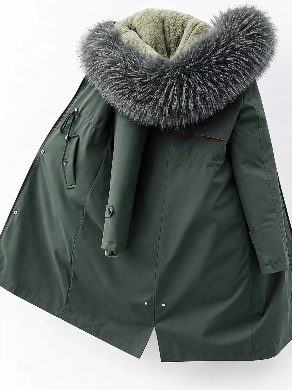 Detachable Longline Hooded Parka with Faux Fur Trim and Drawstring Waist