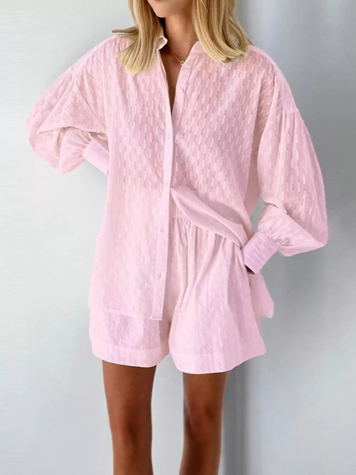 Textured Button-Down Shirt and Shorts Set