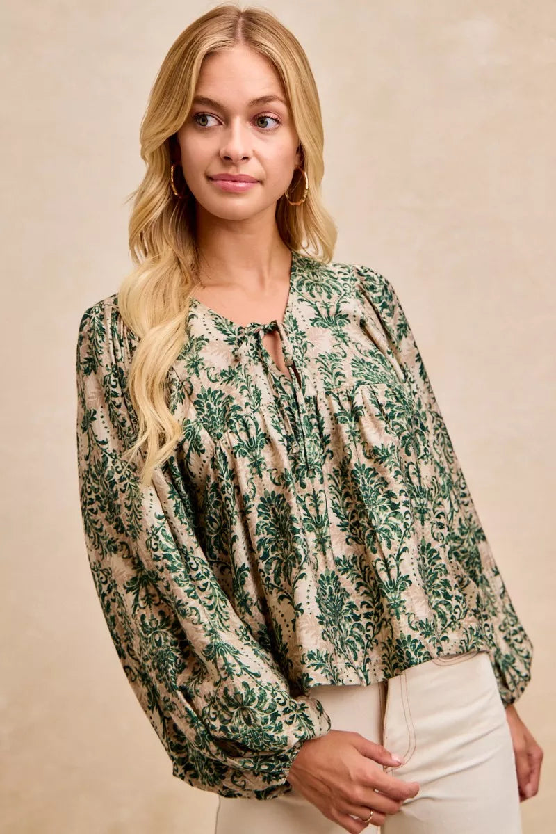 BiBi Printed Woven Front Tied Blouse with Baloon Sleeve