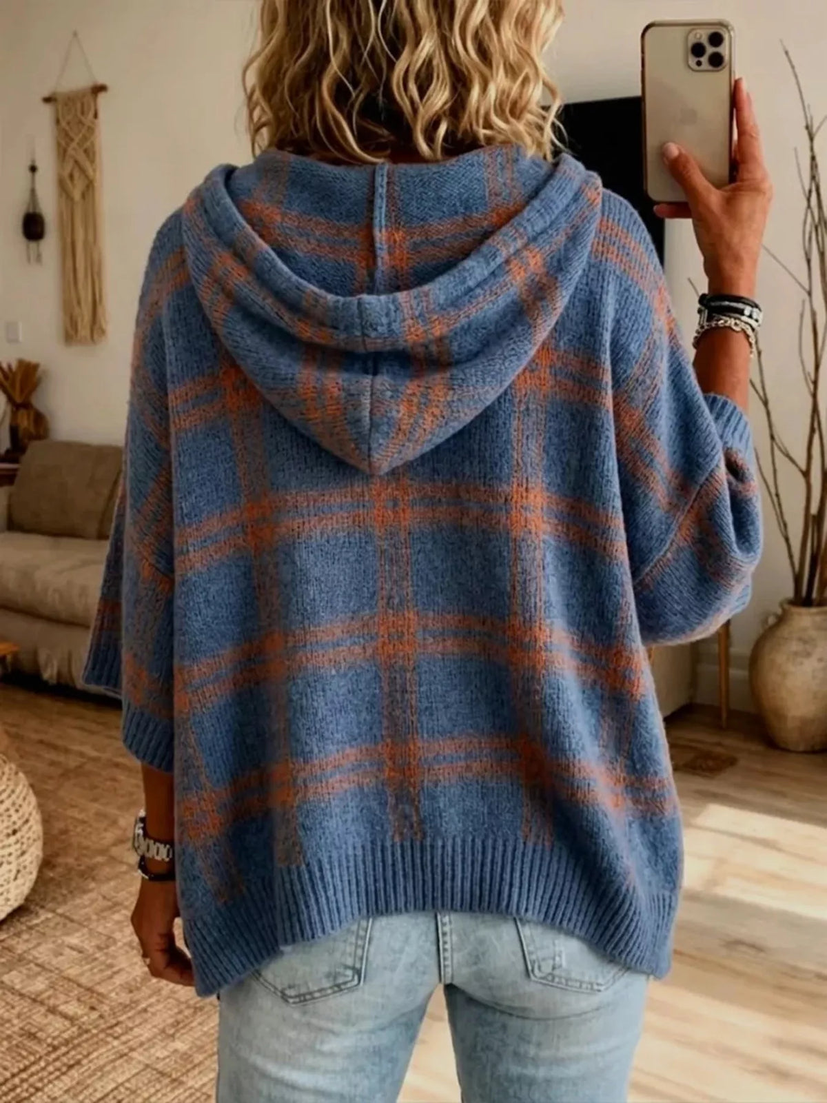 Full Size Drawstring Plaid Hooded Sweater Plus Size