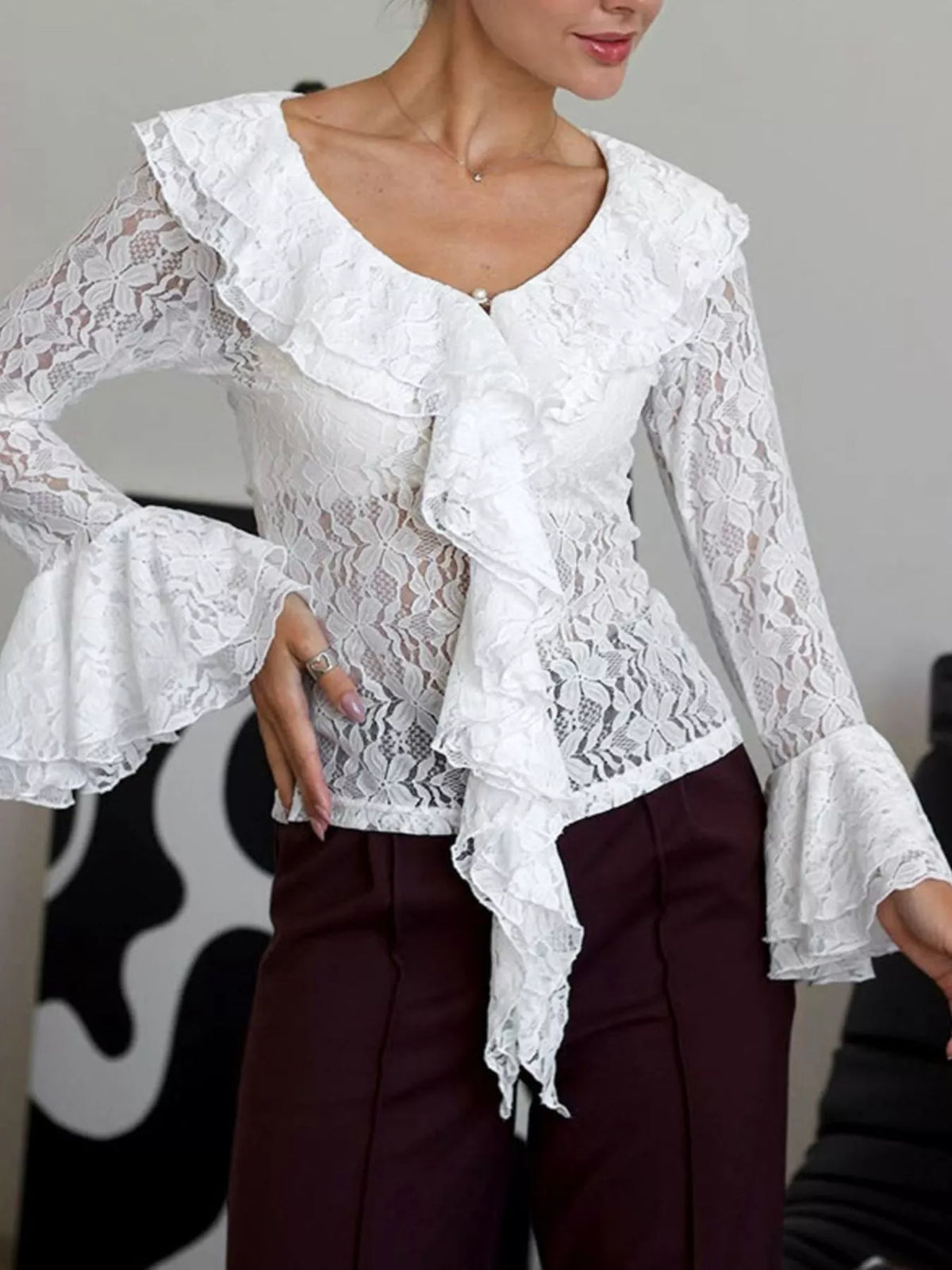 Lace V-Neck Flare Sleeve Blouse