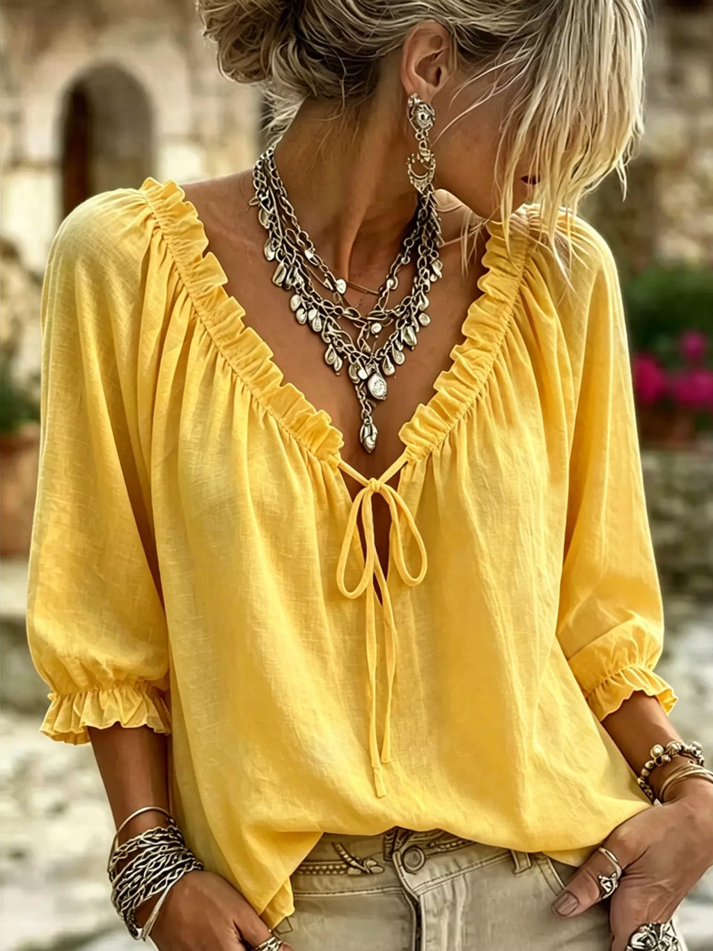 Frill Tie Neck 3/4 Sleeve Blouse