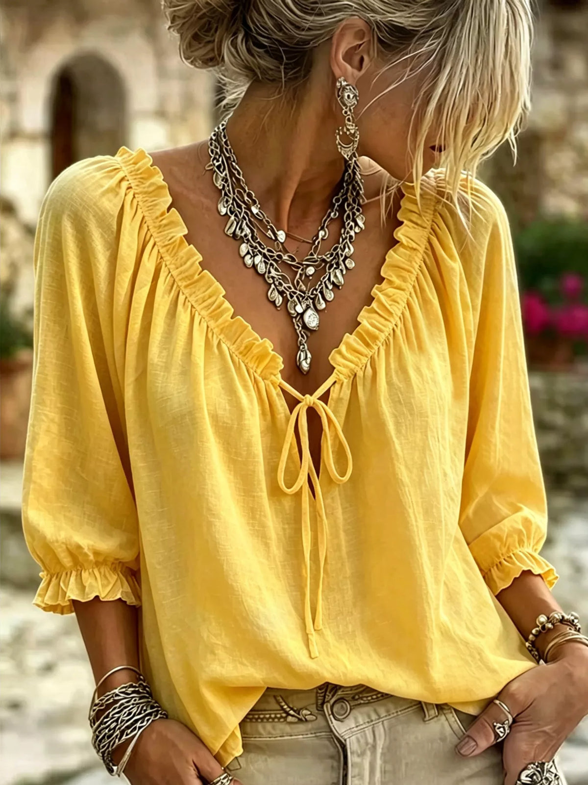 Frill Tie Neck 3/4 Sleeve Blouse