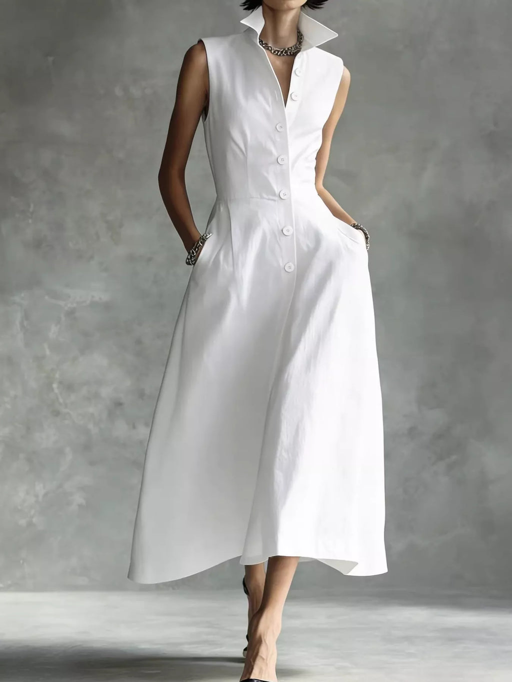 Sleeveless Button-Down Midi Shirt Dress