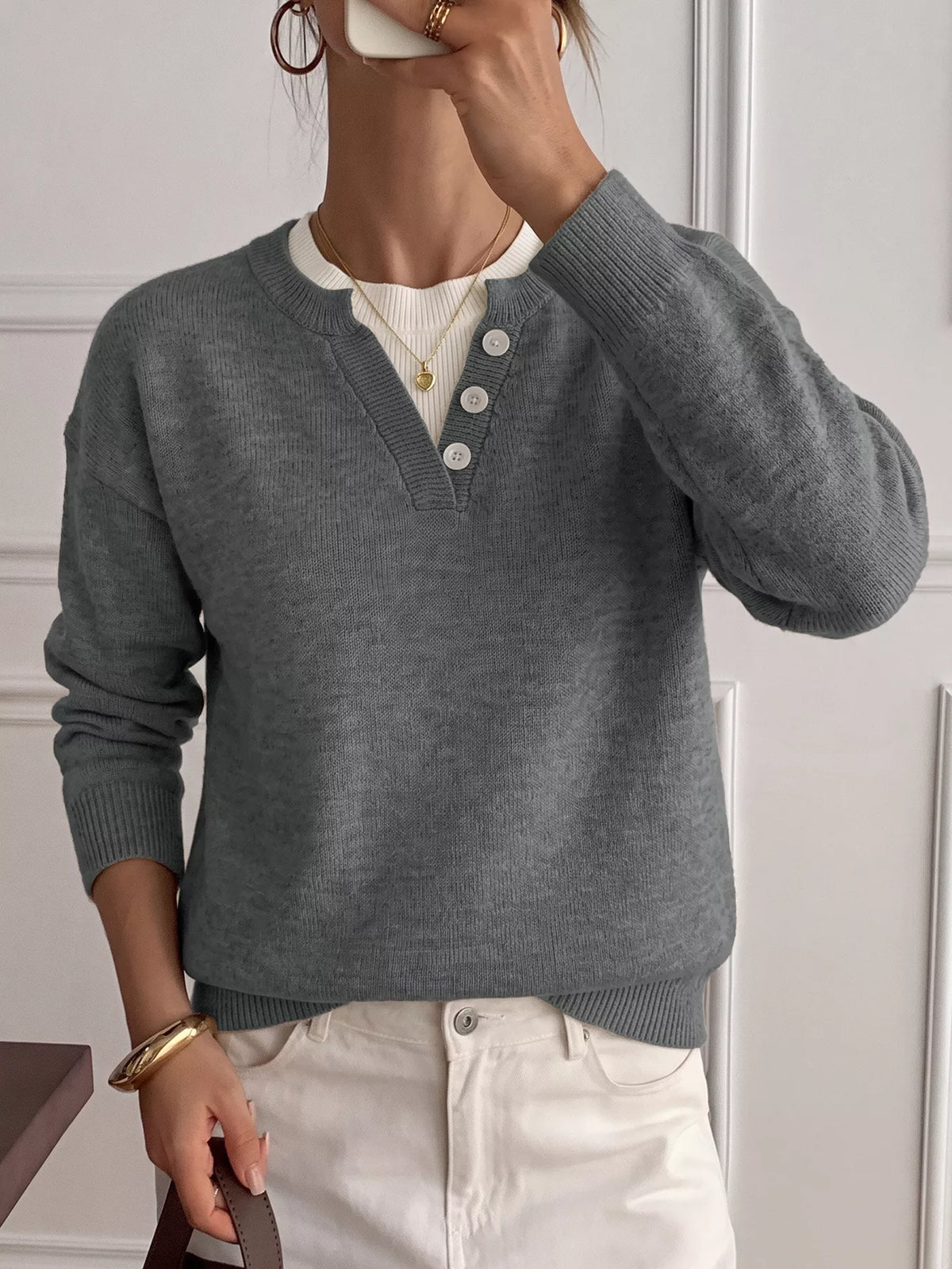 Dropped Shoulder Decorative Button Sweater