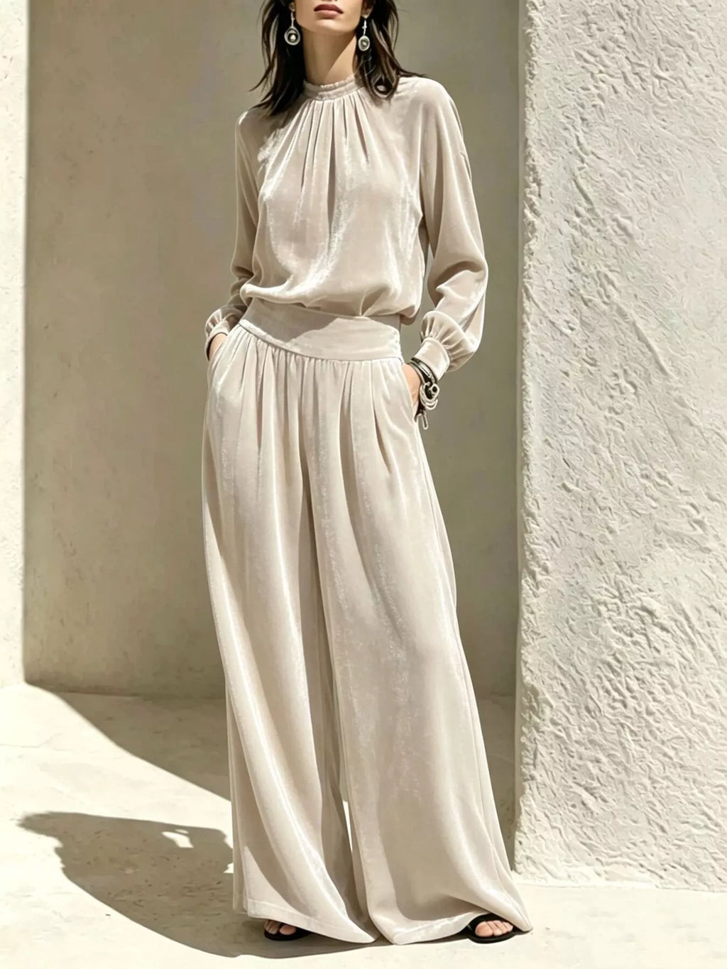 Velvet Mock Neck Long Sleeve Top and Wide-Leg Pants Set
