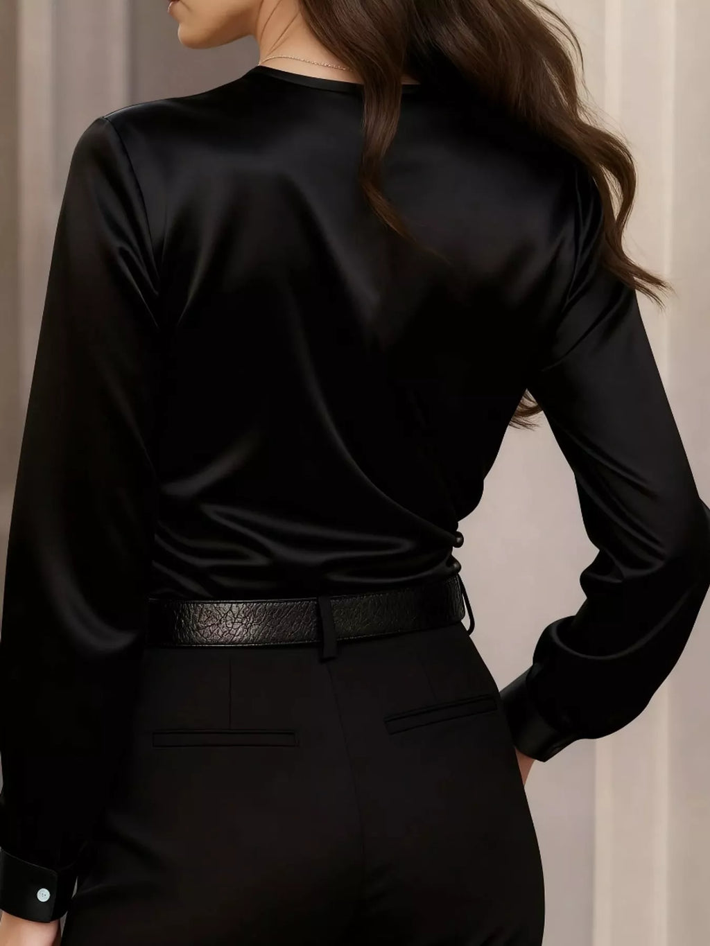 Satin Surplice Long Sleeve Blouse