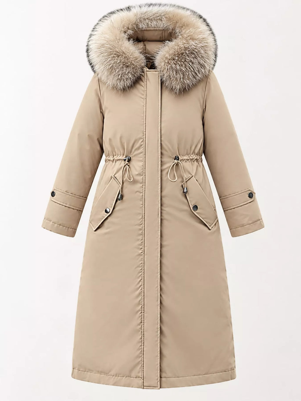 Detachable Longline Hooded Parka with Faux Fur Trim and Drawstring Waist