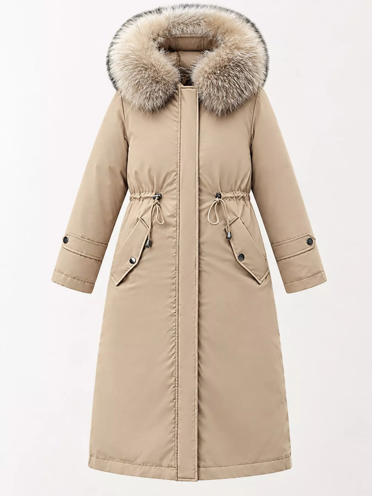 Detachable Longline Hooded Parka with Faux Fur Trim and Drawstring Waist