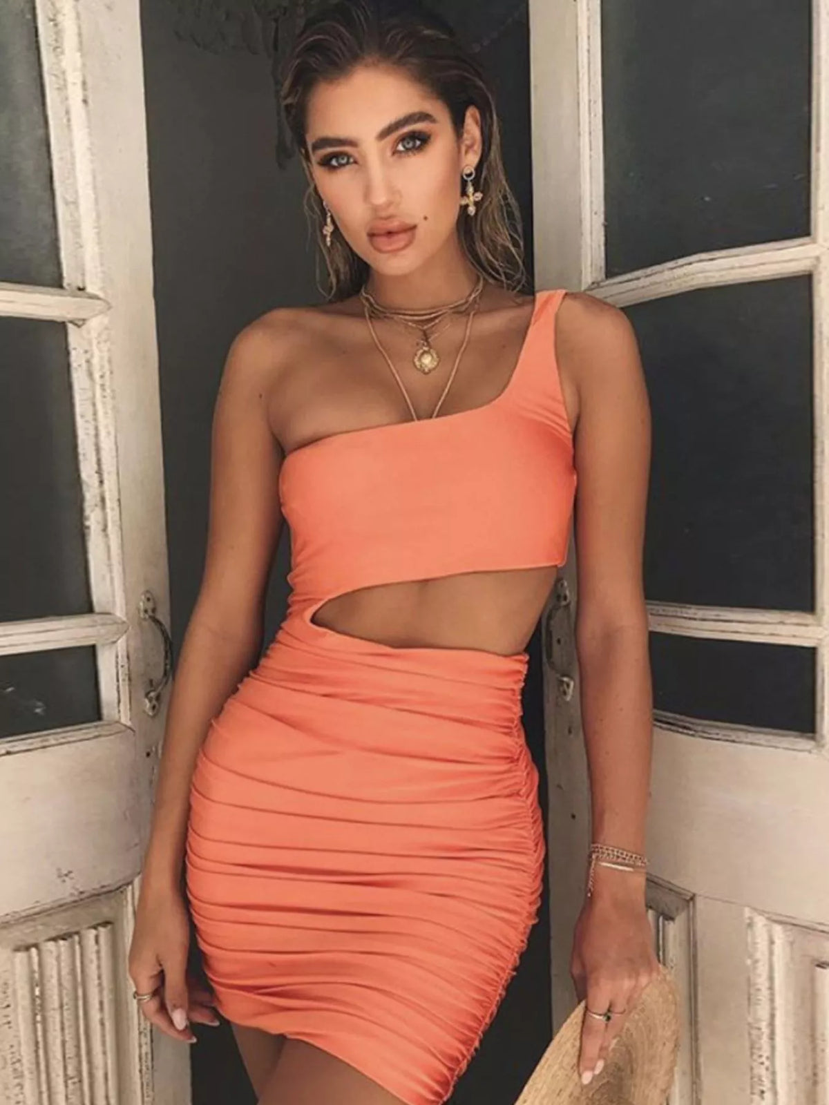 One-Shoulder Cutout Ruched Bodycon Mini Dress