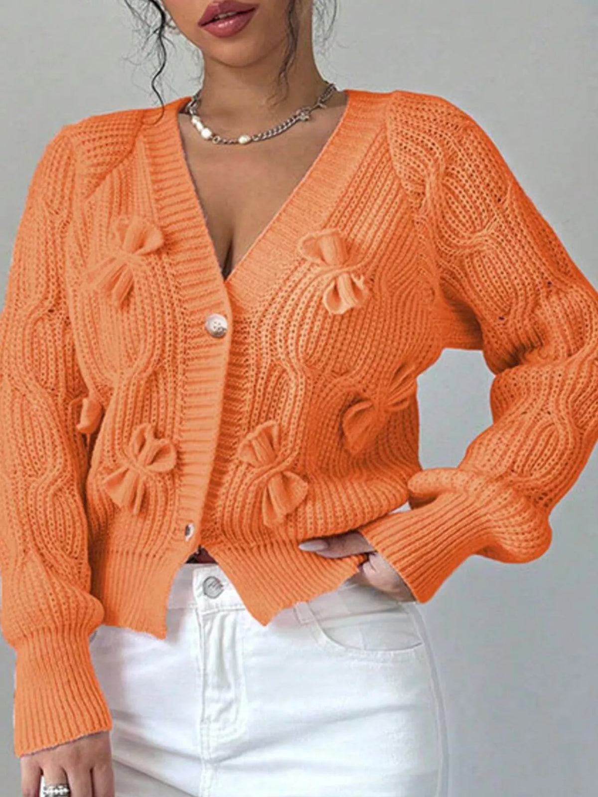 Bow Cable Knit V-Neck Cardigan
