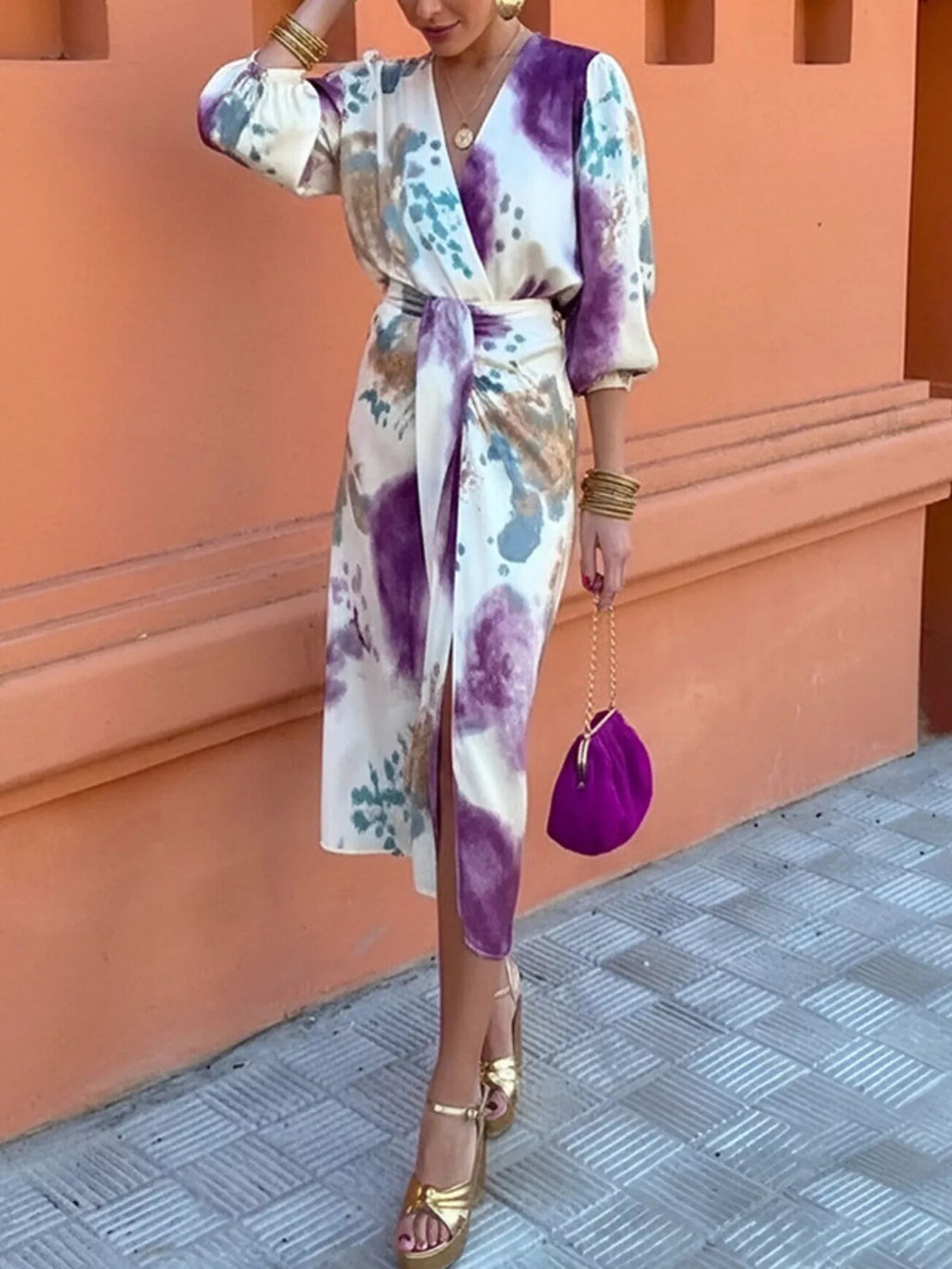Full Size Slit Tie-Waist Abstract Print Midi Dress Plus Size