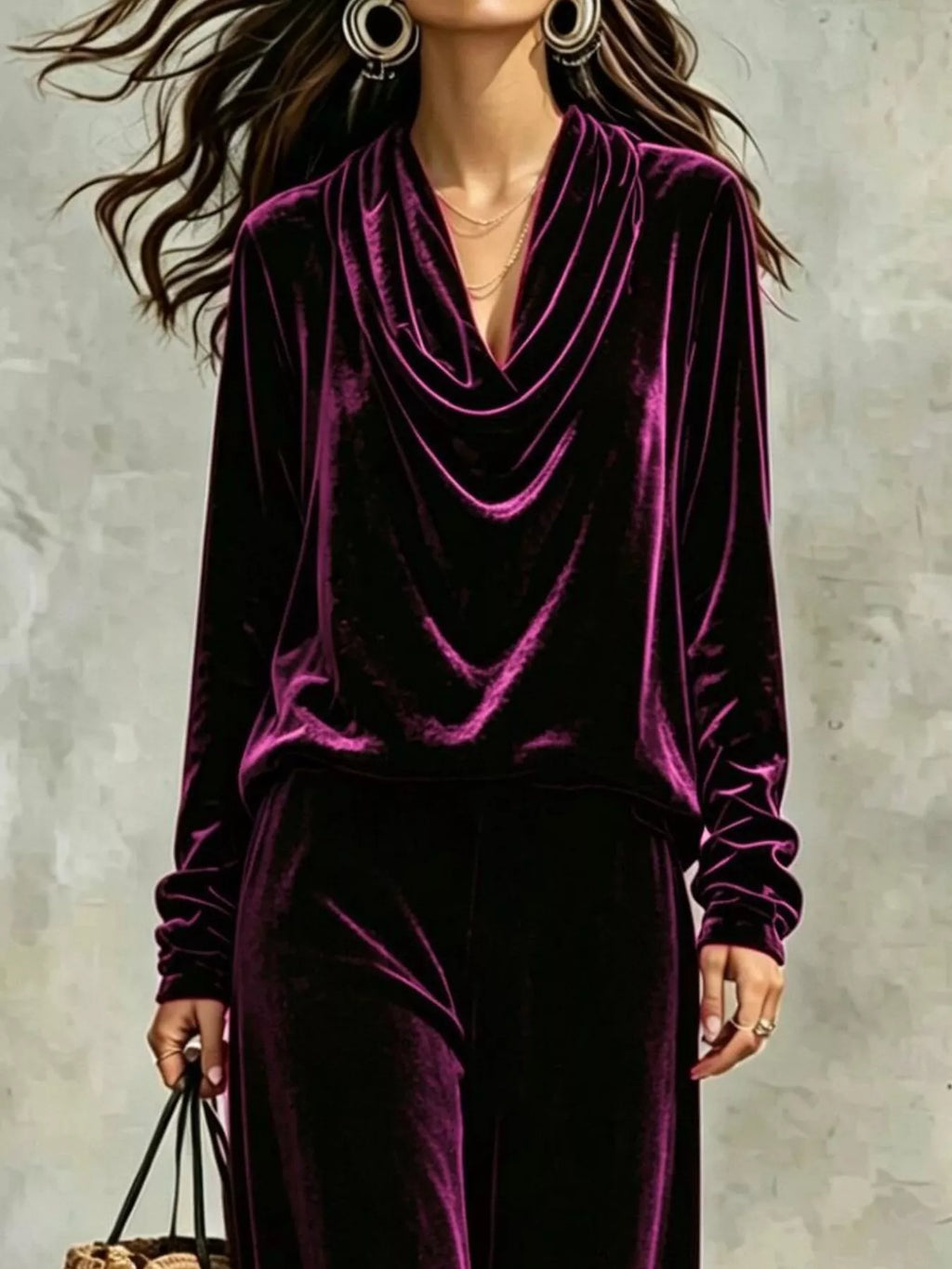 Full Size Velvet Cowl Neck Top and Pants Set Plus Size