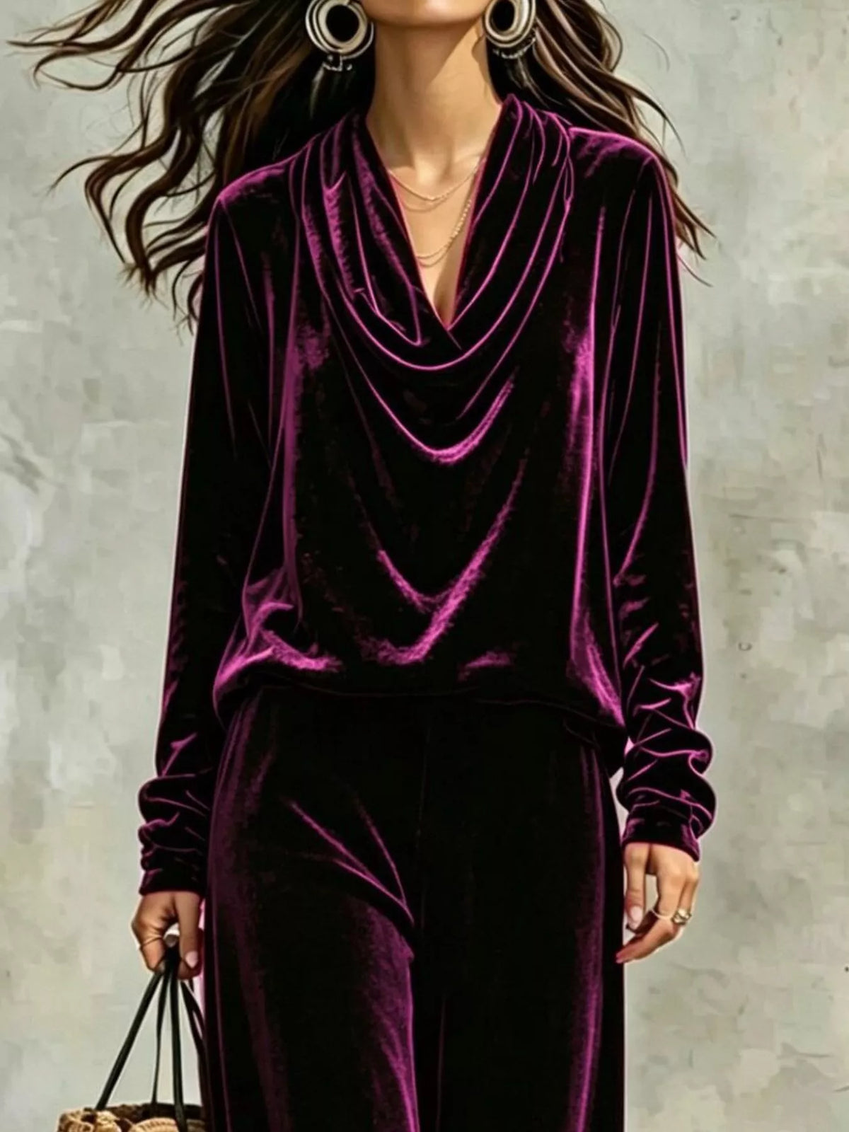 Full Size Velvet Cowl Neck Top and Pants Set Plus Size