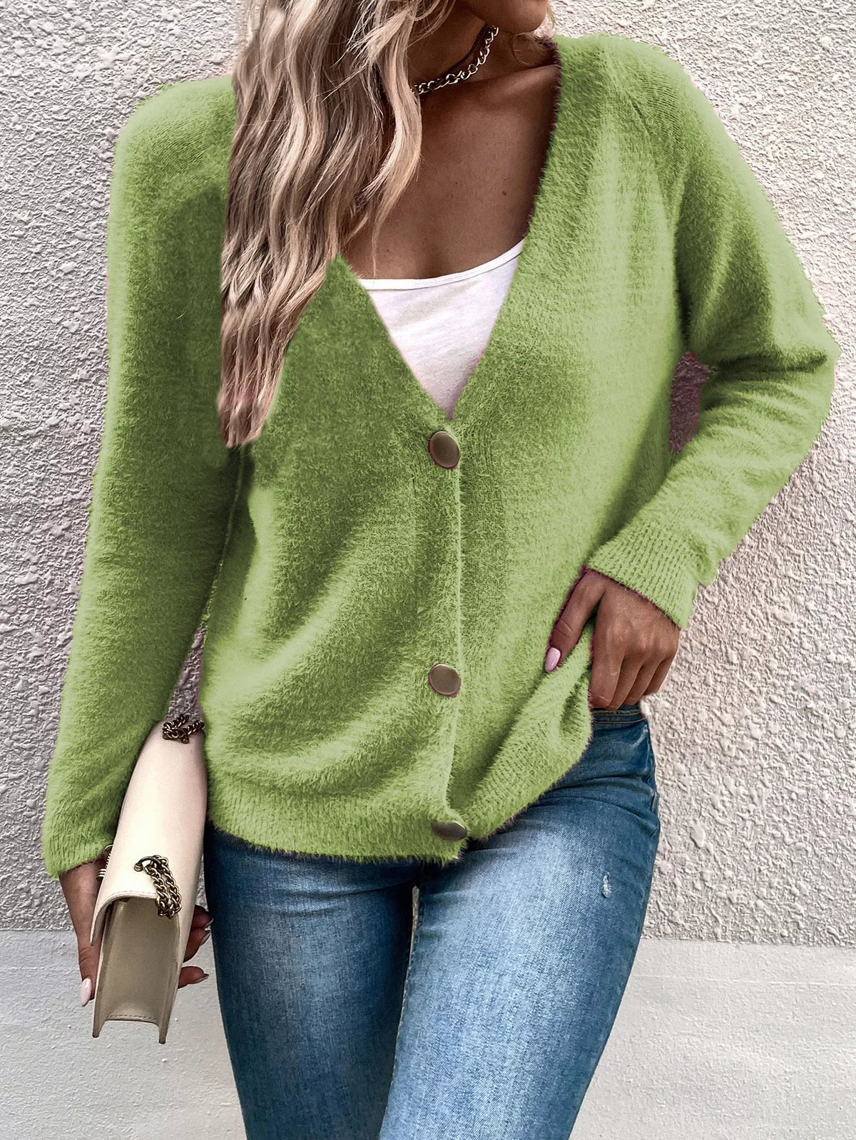 Soft Fuzzy V-Neck Button-Down Cardigan