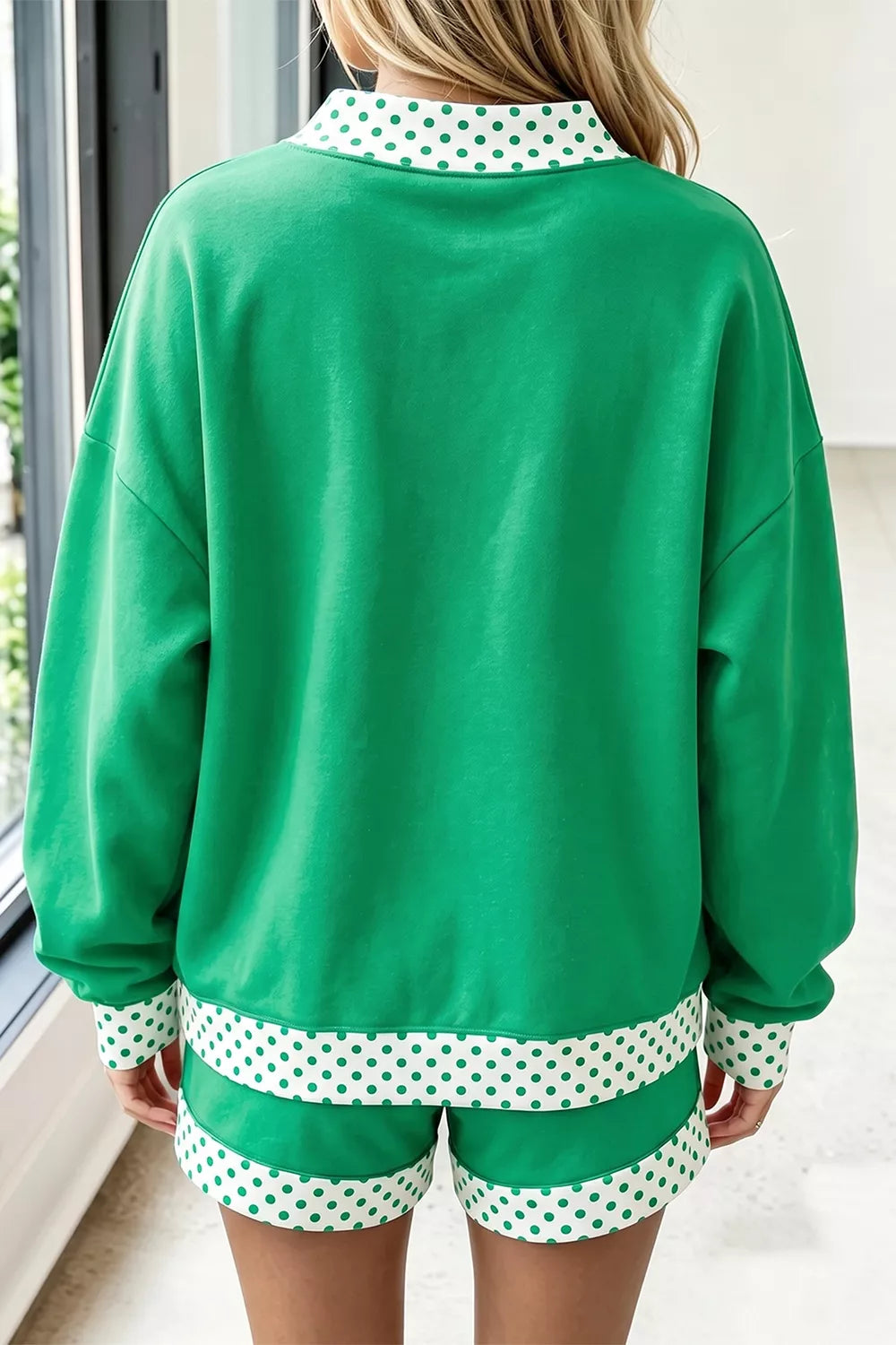 Polka Dot Trim Long Sleeve Sweatshirt and Shorts Set