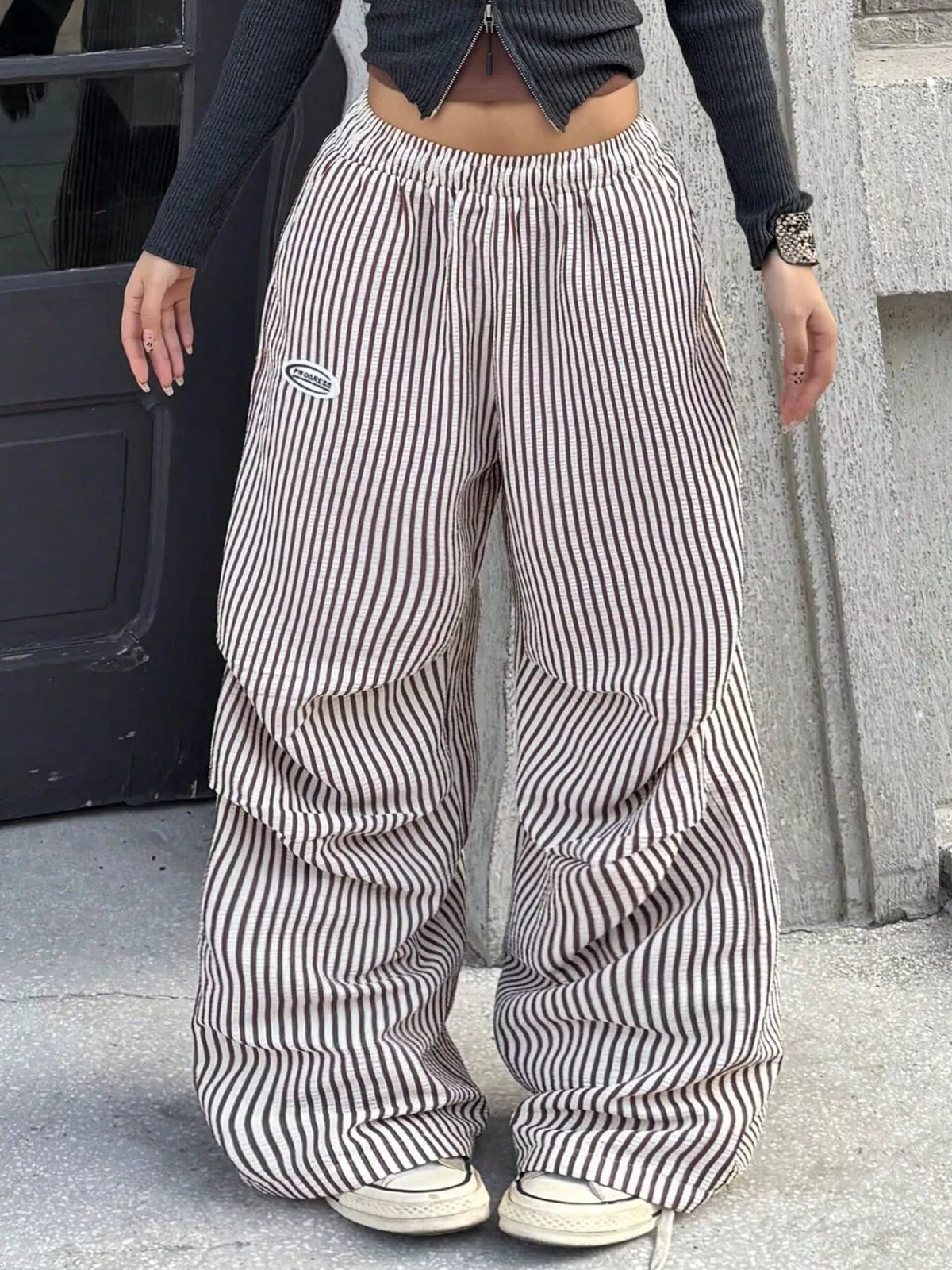 High-Waisted Striped Wide-Leg Cargo Pants with Drawstring