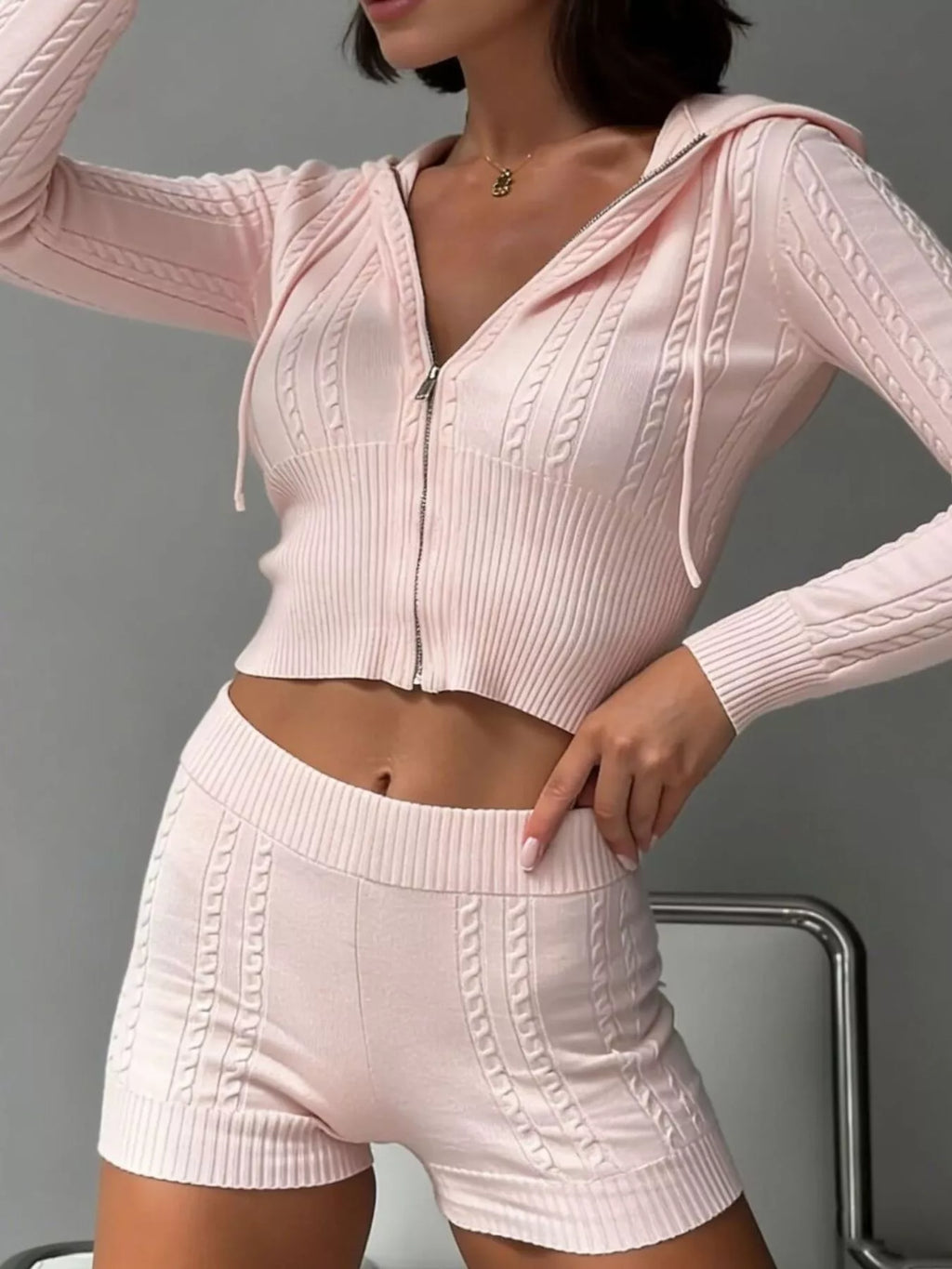 Cable Knit Zip-Up Hooded Top and Shorts Lounge Set