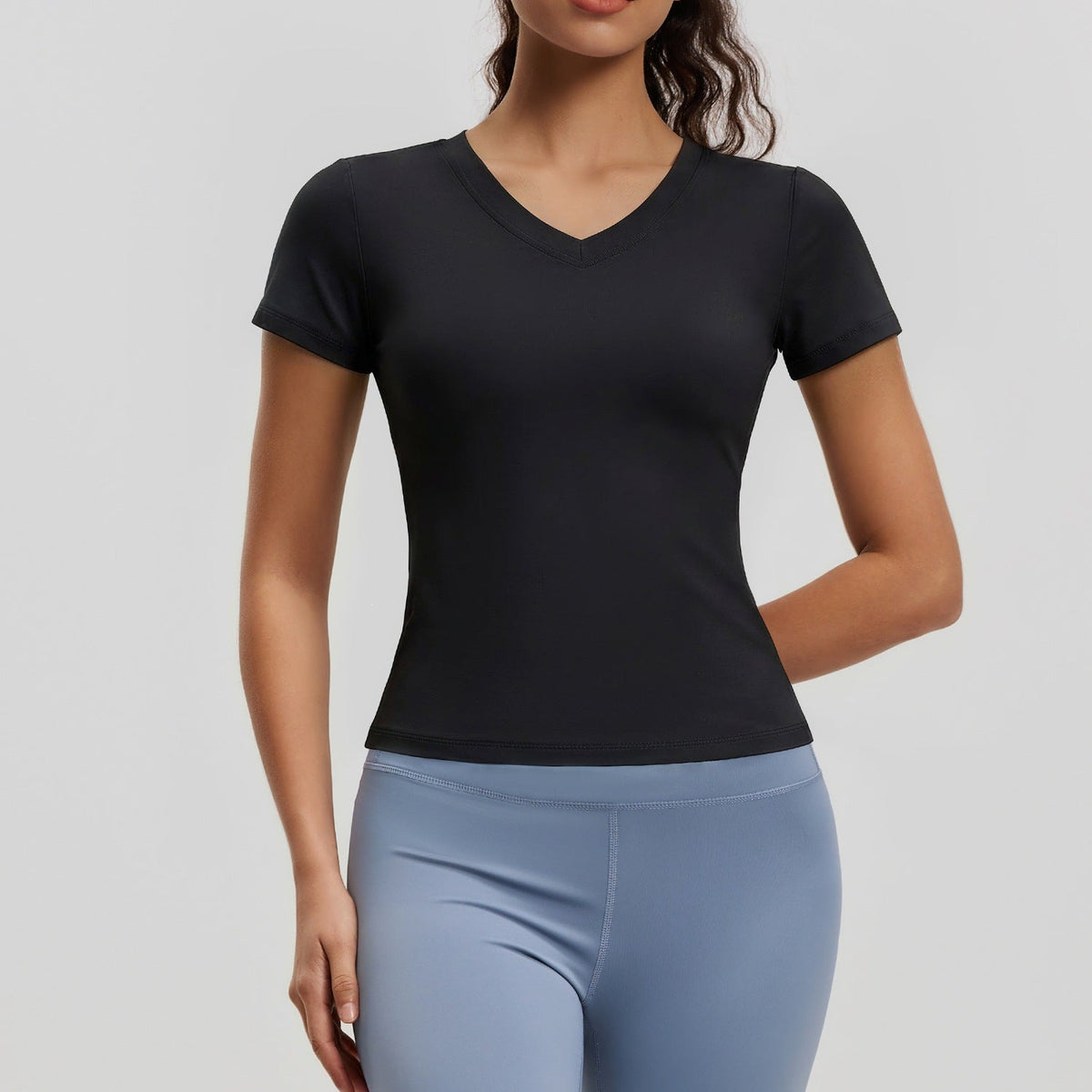 Peach Basic V-neck Short Sleeve Sports Top, Breathable Slim-fit Yoga Shirt For Fitness And Running