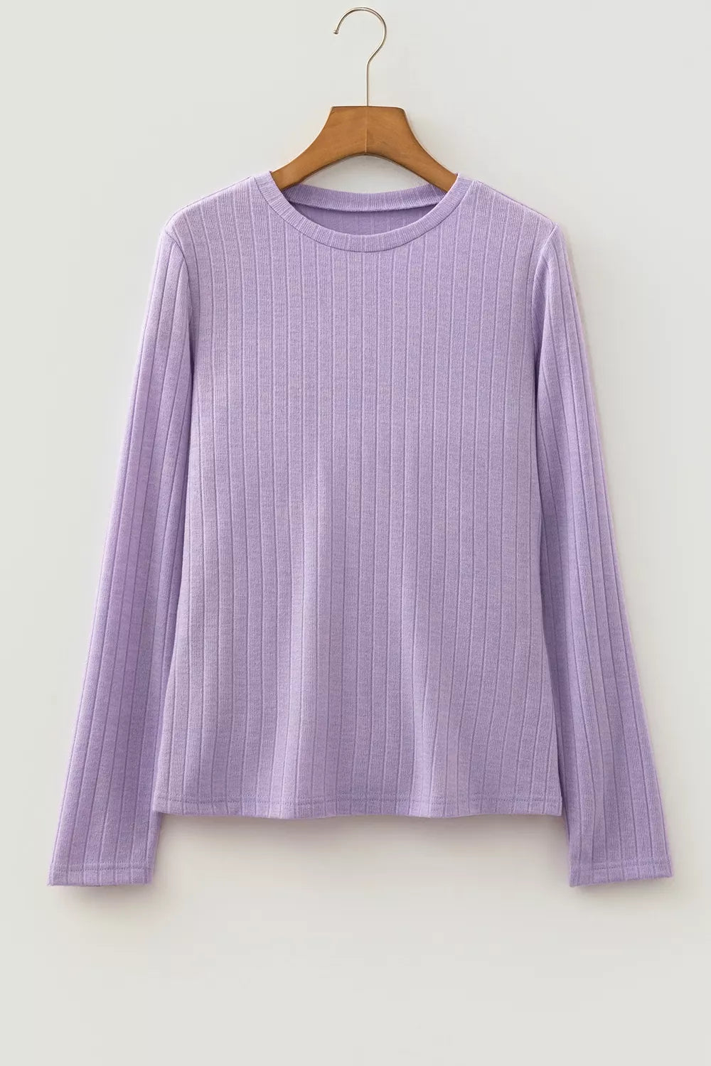 Solid Color Ribbed Texture Long Sleeve Round Neck Casual Top