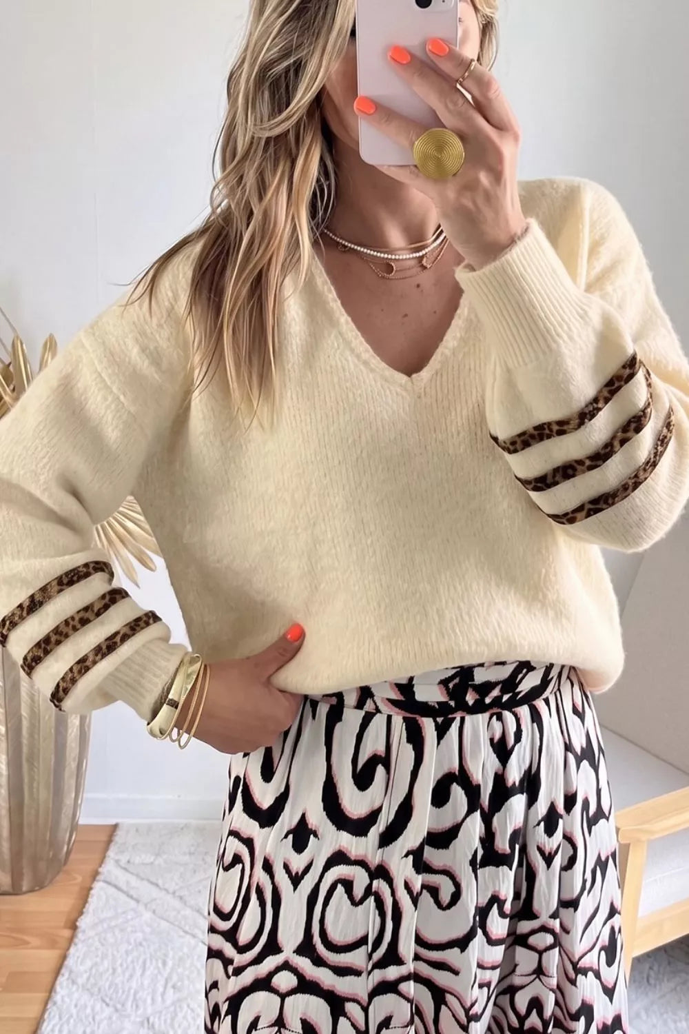 Leopard Striped  V-Neck Sweater
