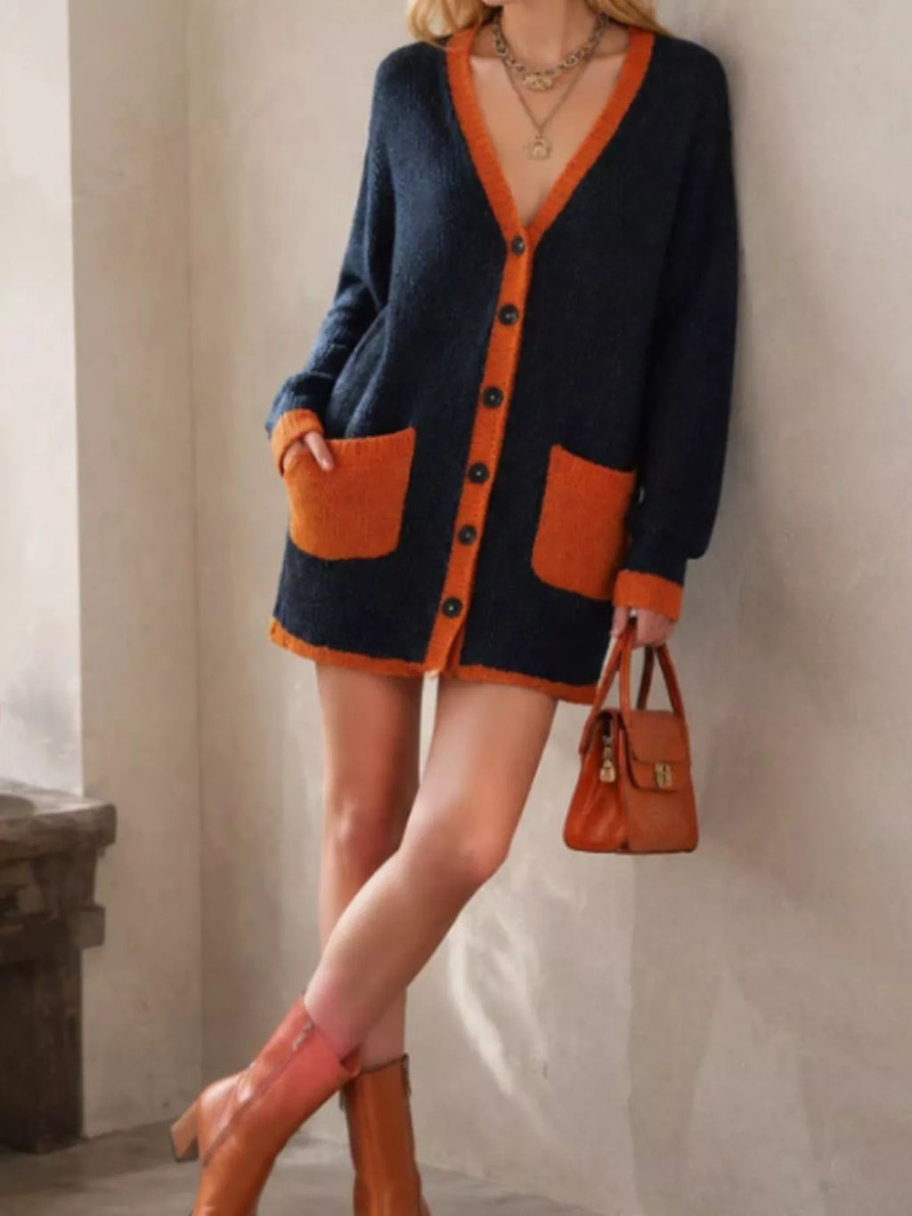 Color-Block V-Neck Button-Down Knit Cardigan